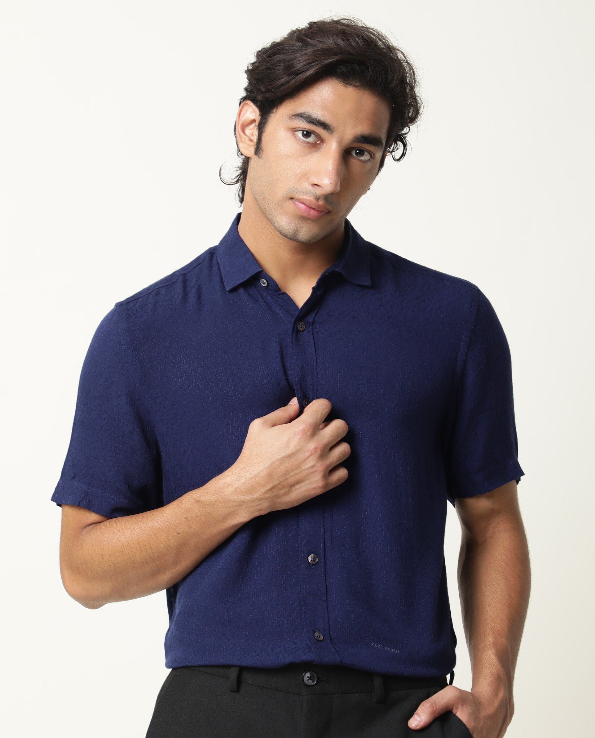 Rare Rabbit Men's Jenny Navy Viscose Plain Regular Fit Half Sleeve Spread Collar Shirt - Image 4