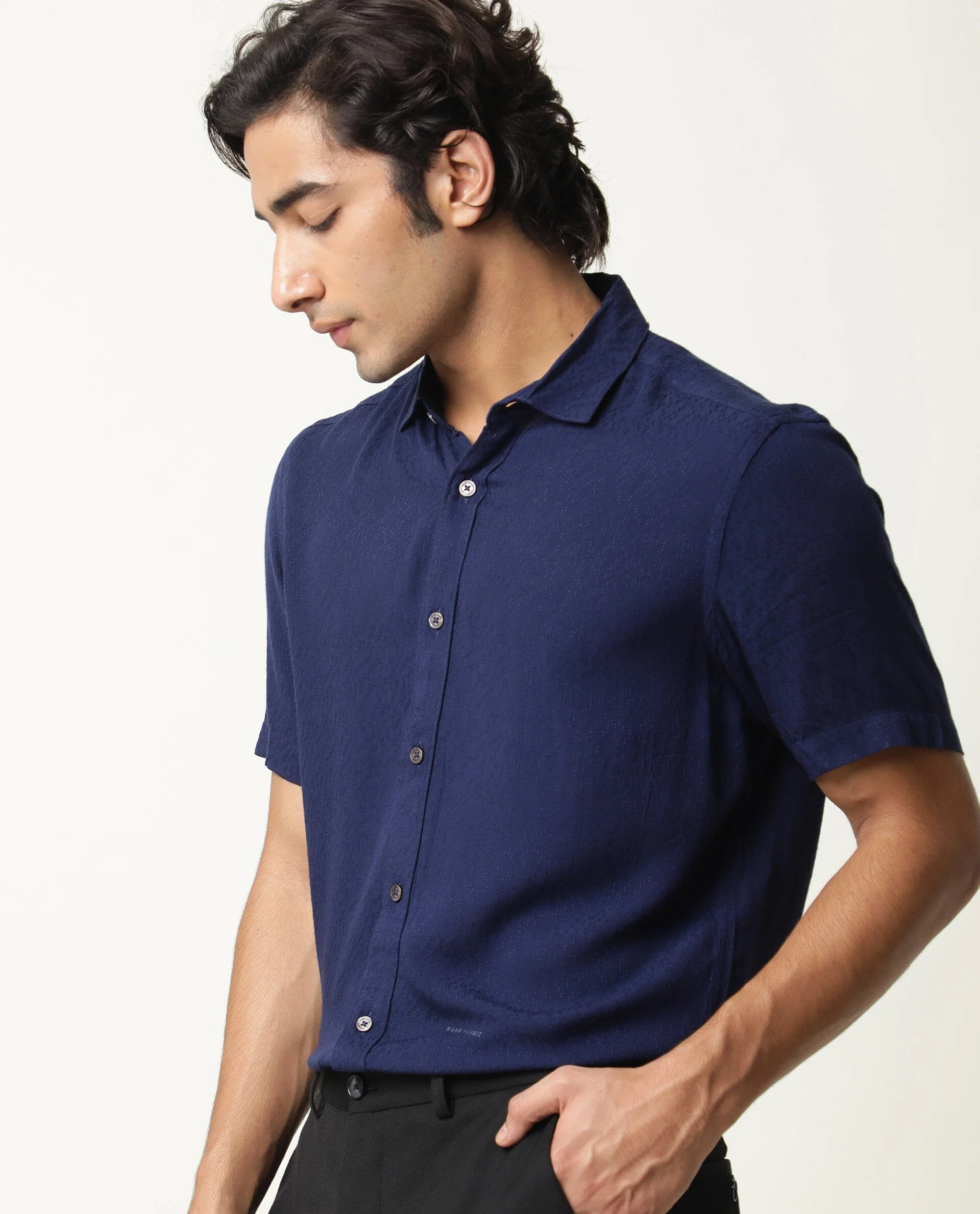 Rare Rabbit Men's Jenny Navy Viscose Plain Regular Fit Half Sleeve Spread Collar Shirt - Image 5