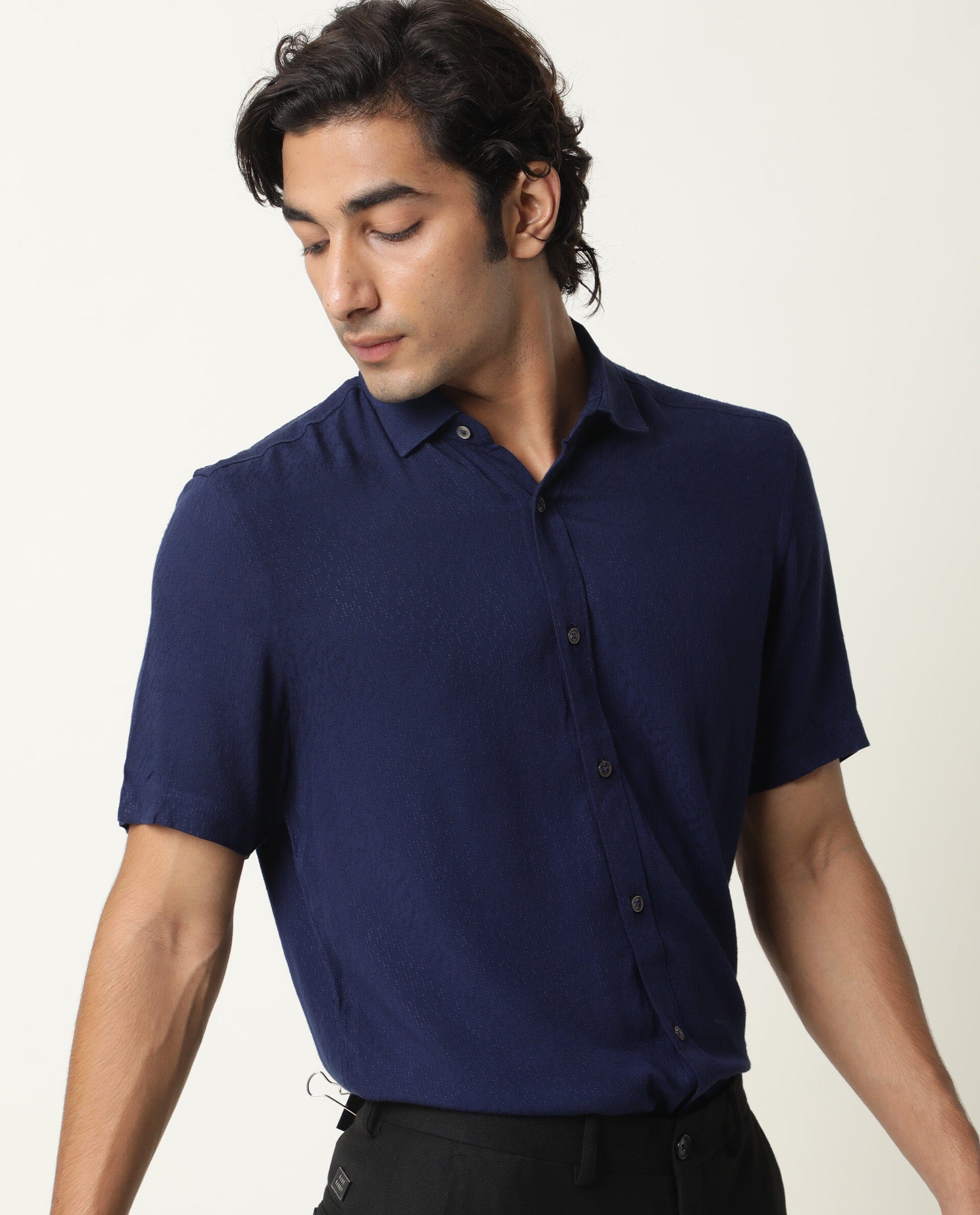 Rare Rabbit Men's Jenny Navy Viscose Plain Regular Fit Half Sleeve Spread Collar Shirt - Image 6