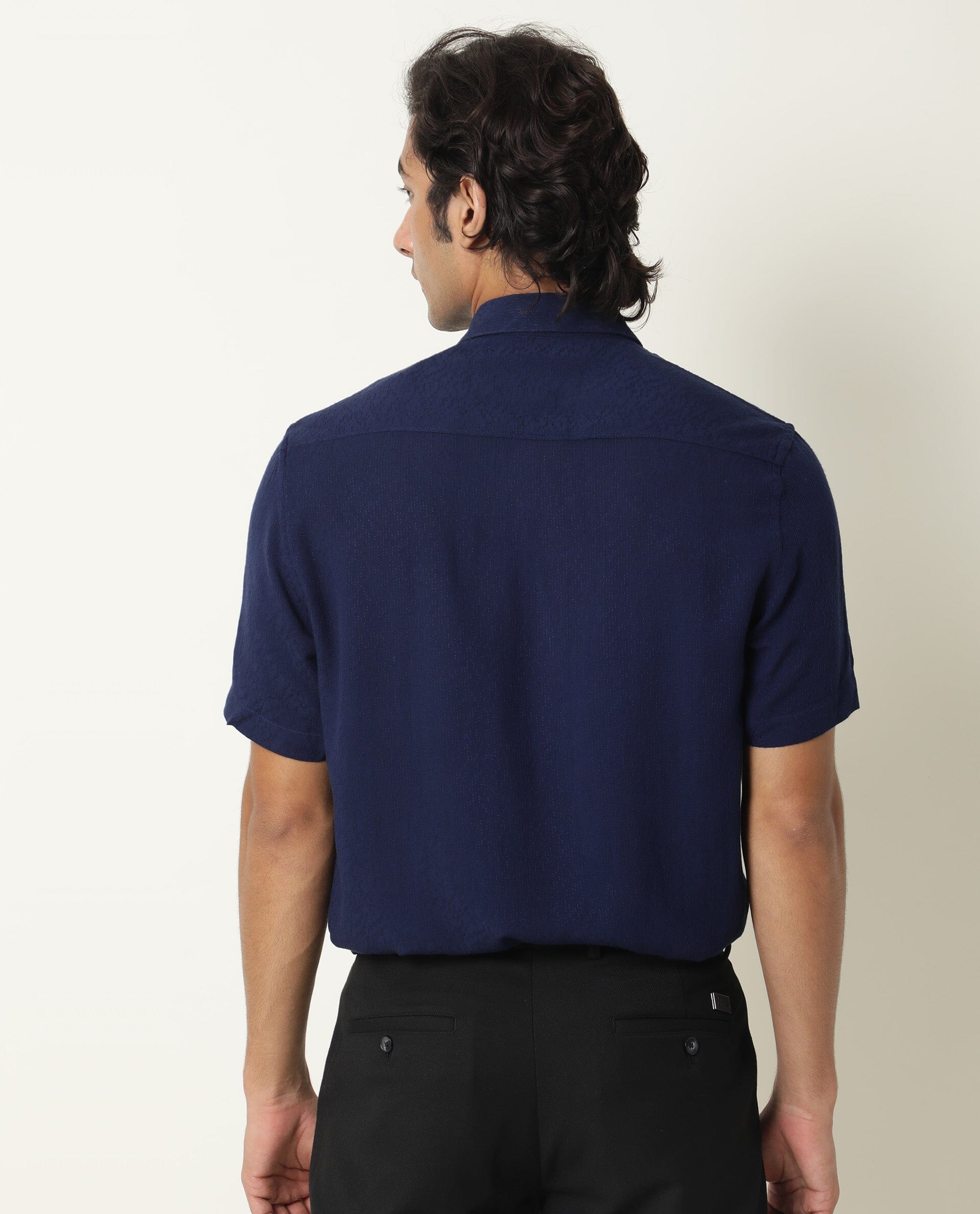 Rare Rabbit Men's Jenny Navy Viscose Plain Regular Fit Half Sleeve Spread Collar Shirt - Image 7