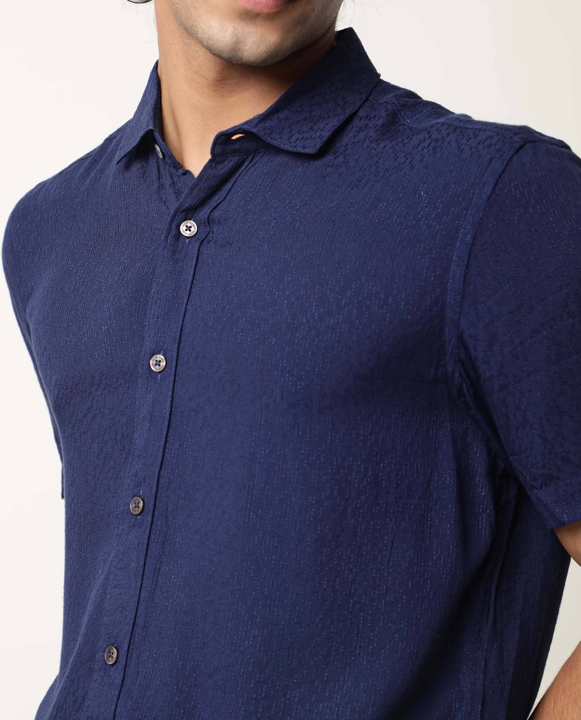 Rare Rabbit Men's Jenny Navy Viscose Plain Regular Fit Half Sleeve Spread Collar Shirt - Image 8