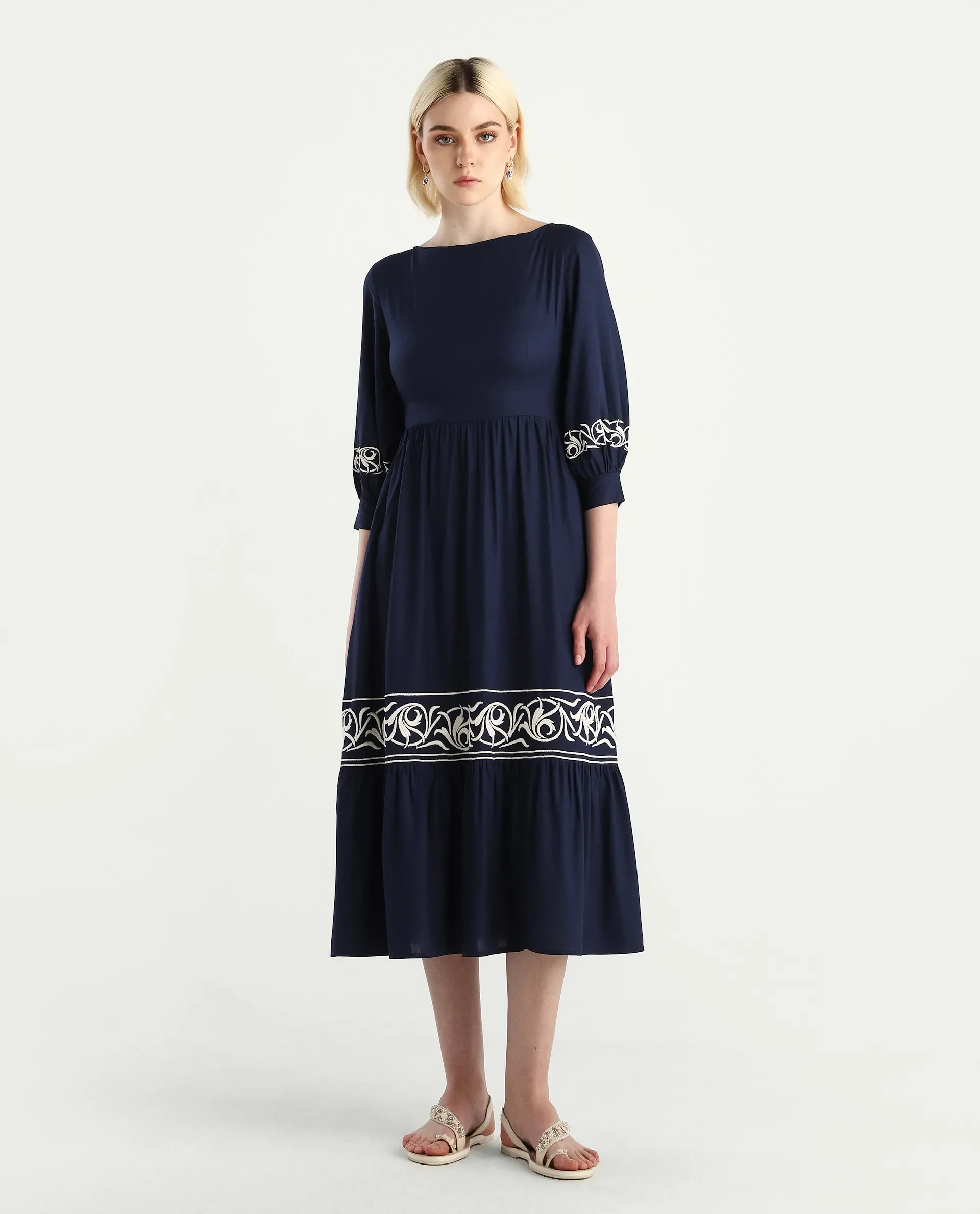 Rareism Women's Jenpen Navy Viscose Boat Neck Fit And Flare Plain Midi Dress - Image 2