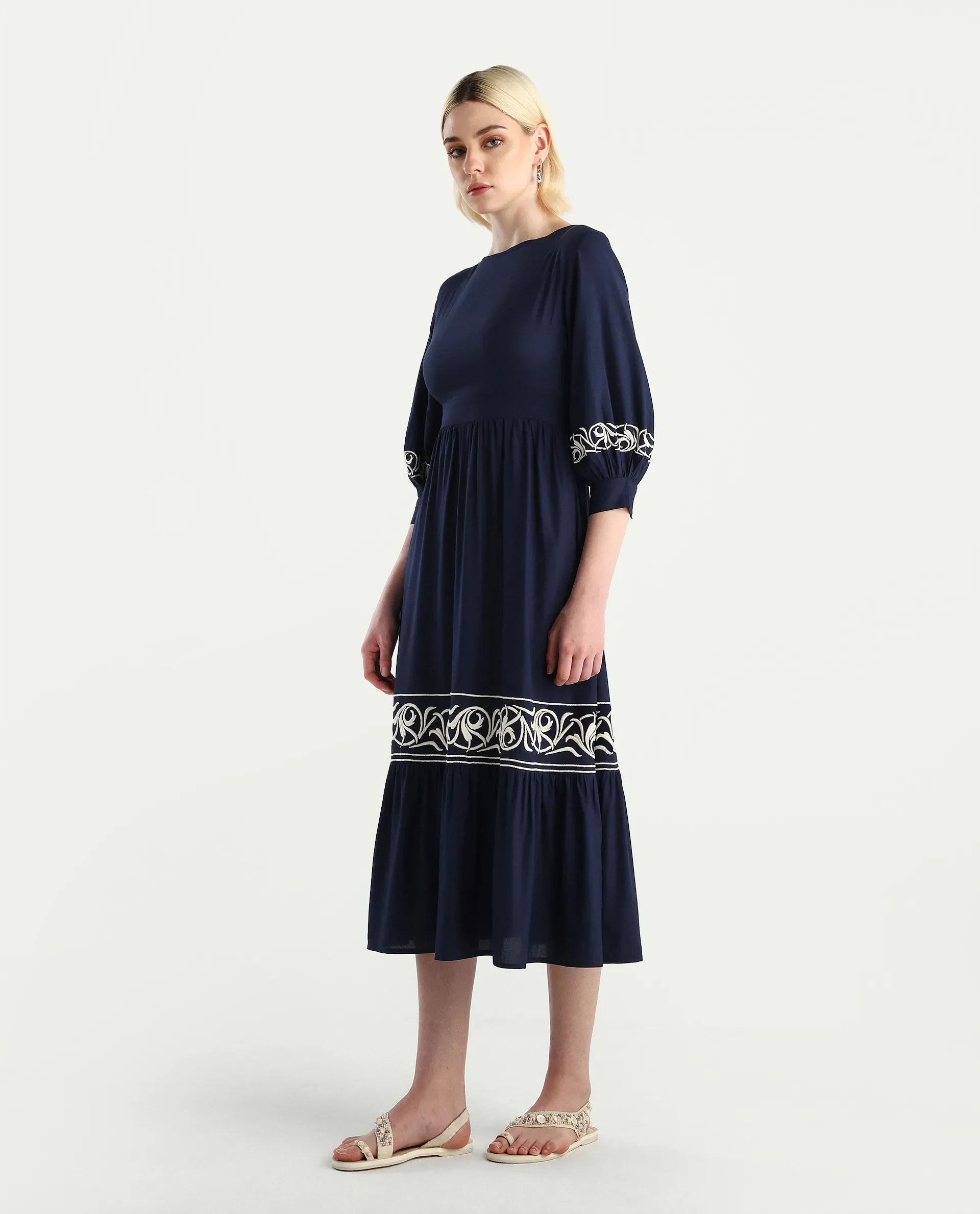 Rareism Women's Jenpen Navy Viscose Boat Neck Fit And Flare Plain Midi Dress - Image 7