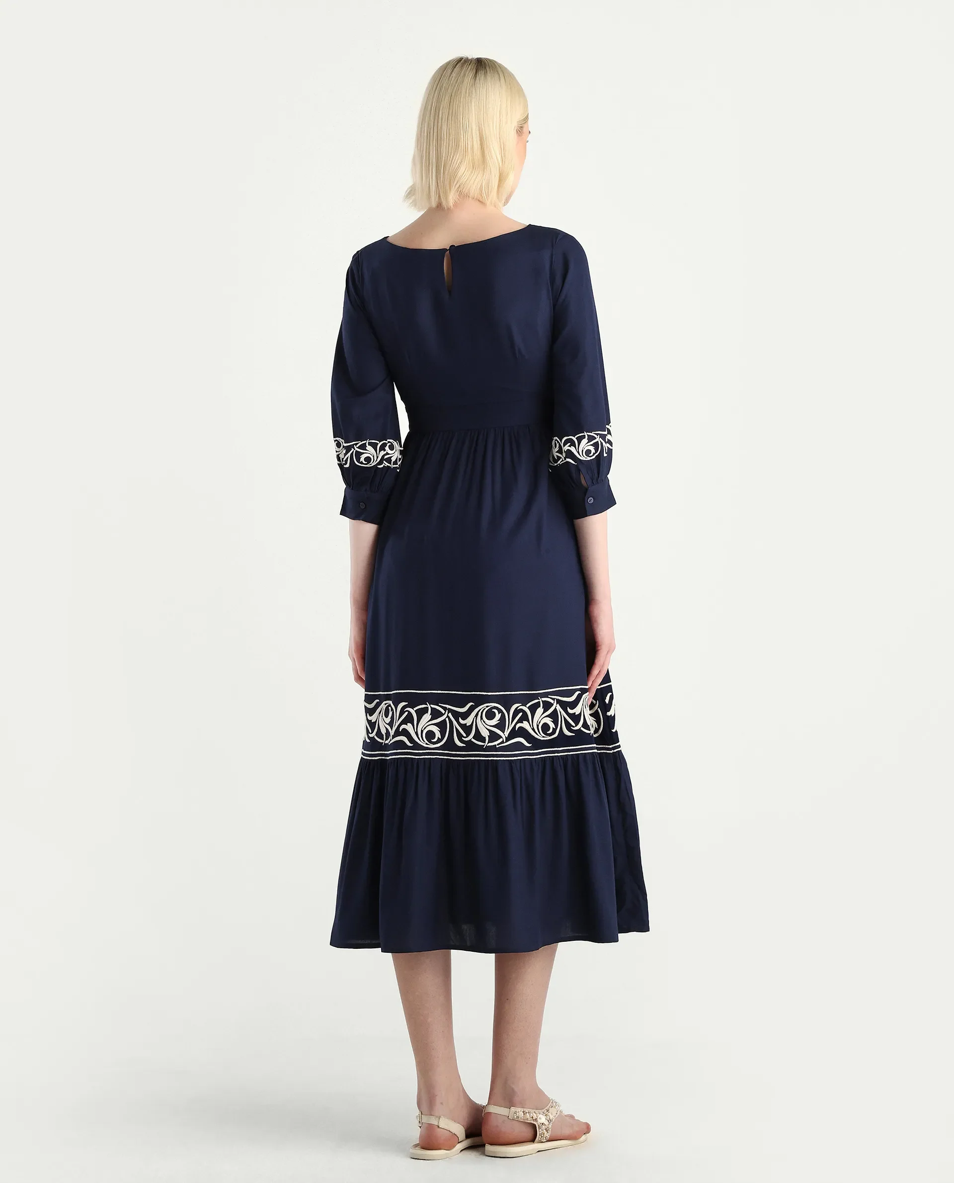 Rareism Women's Jenpen Navy Viscose Boat Neck Fit And Flare Plain Midi Dress - Image 8
