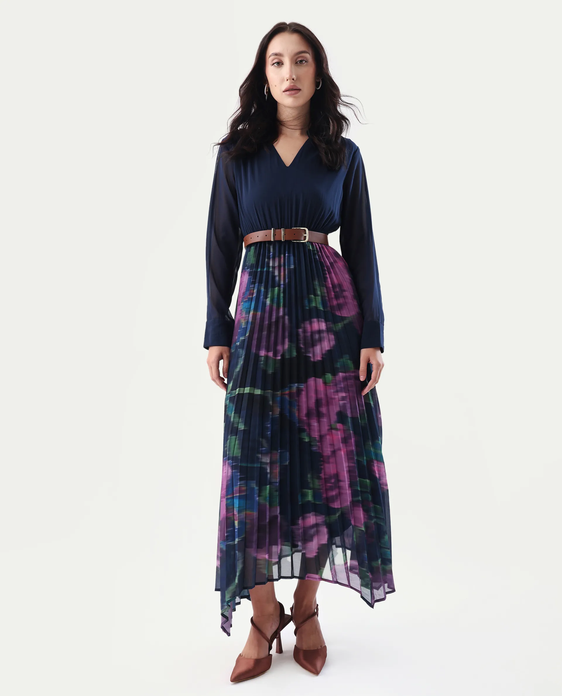 Rareism Women's Jenpli Navy Polyester V-Neck Flared Printed Dress