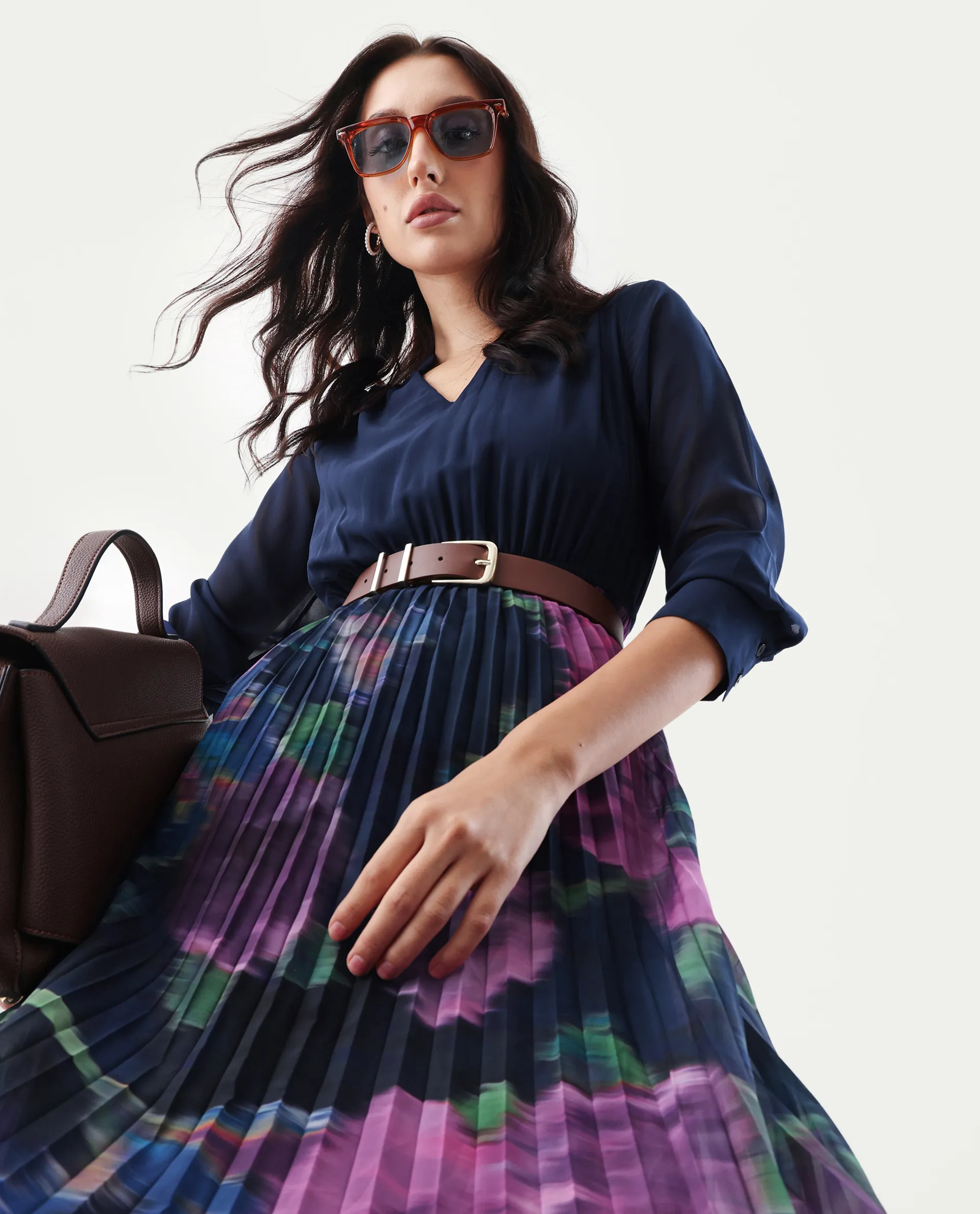 Rareism Women's Jenpli Navy Polyester V-Neck Flared Printed Dress - Image 3