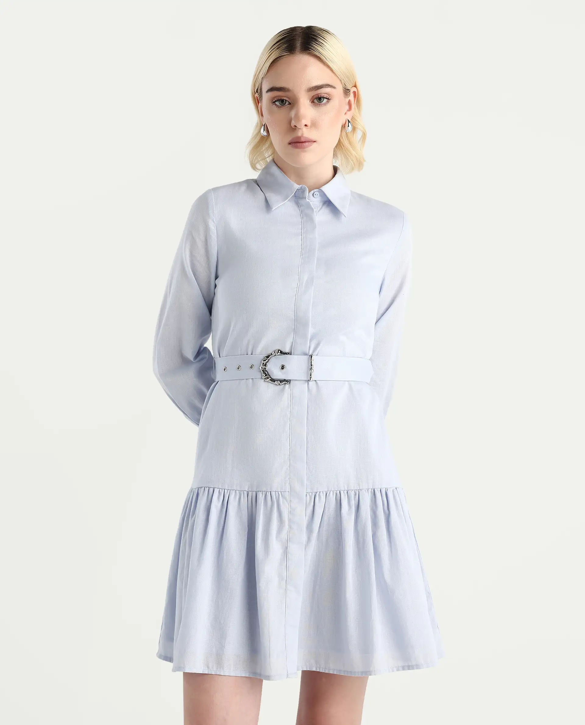 Rareism Women's Jenron Blue Cotton Blend Collared Neck Flared Plain Dress