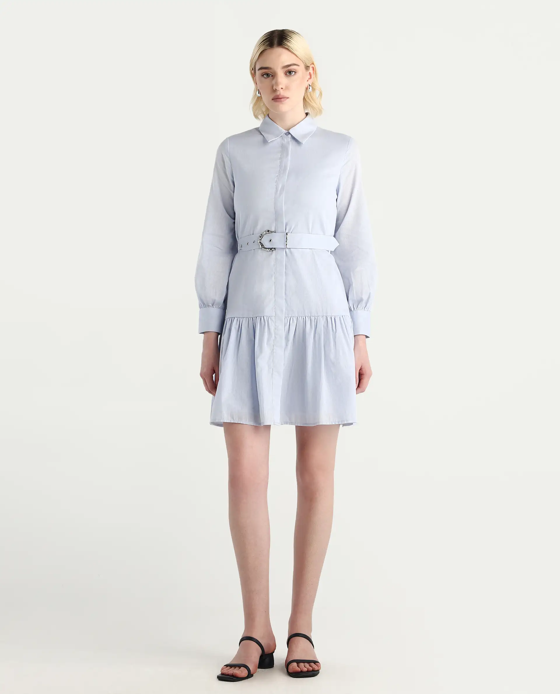 Rareism Women's Jenron Blue Cotton Blend Collared Neck Flared Plain Dress - Image 2