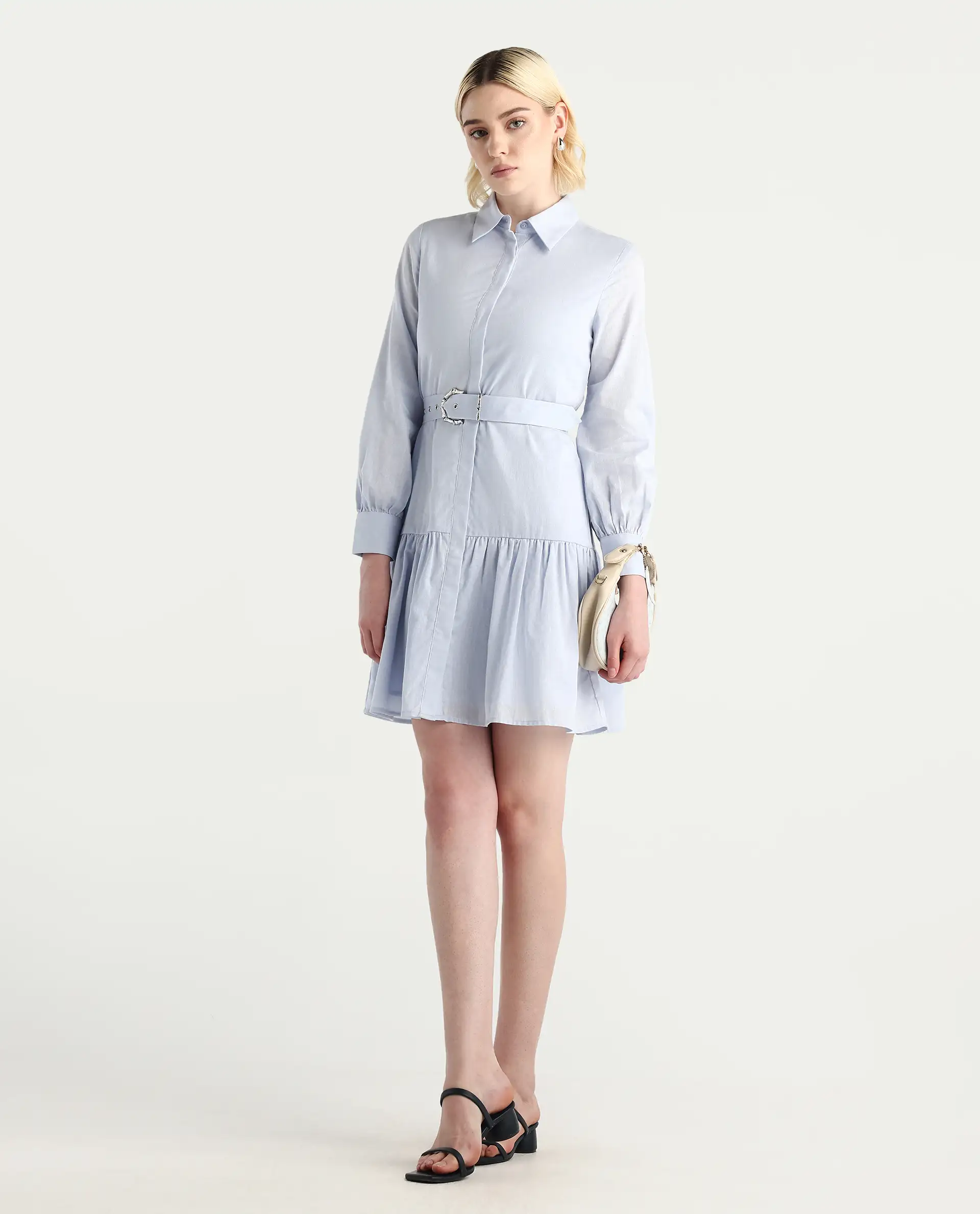 Rareism Women's Jenron Blue Cotton Blend Collared Neck Flared Plain Dress - Image 3