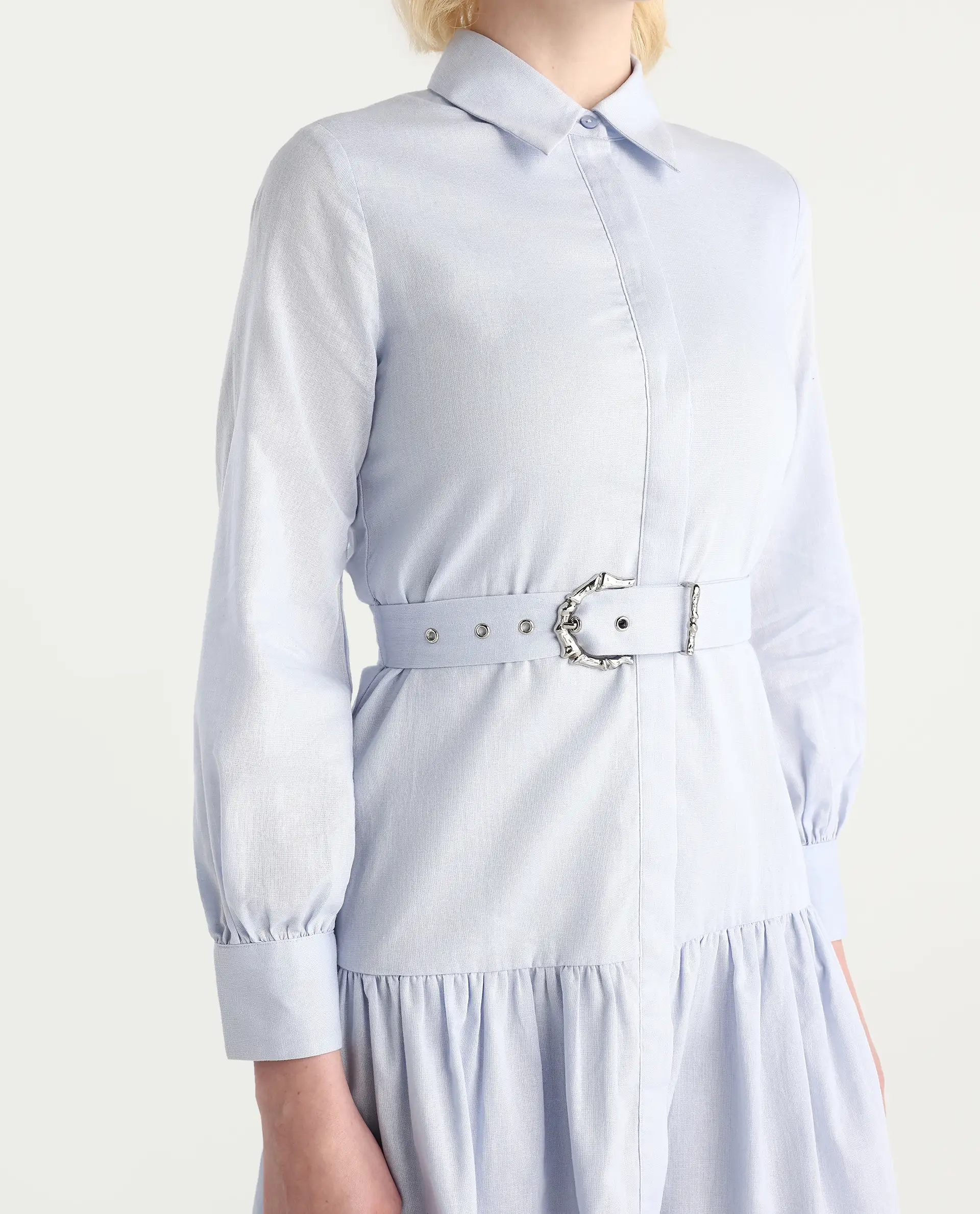 Rareism Women's Jenron Blue Cotton Blend Collared Neck Flared Plain Dress - Image 4
