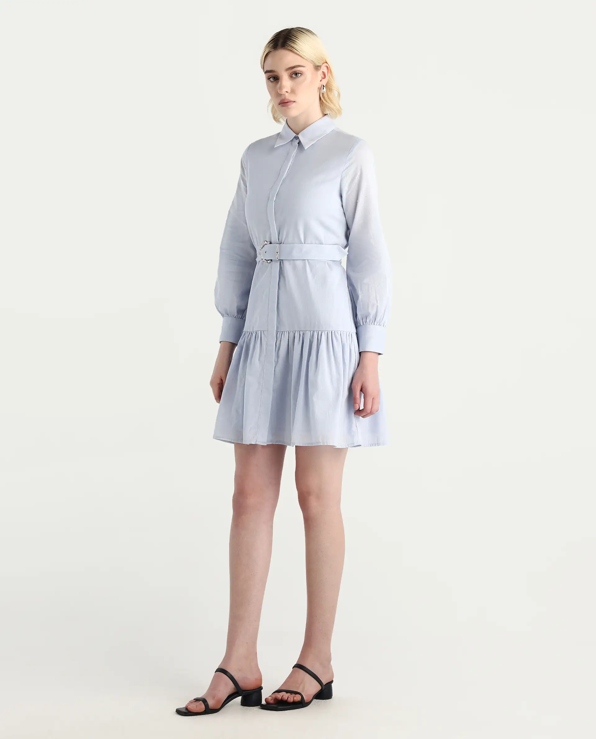 Rareism Women's Jenron Blue Cotton Blend Collared Neck Flared Plain Dress - Image 5