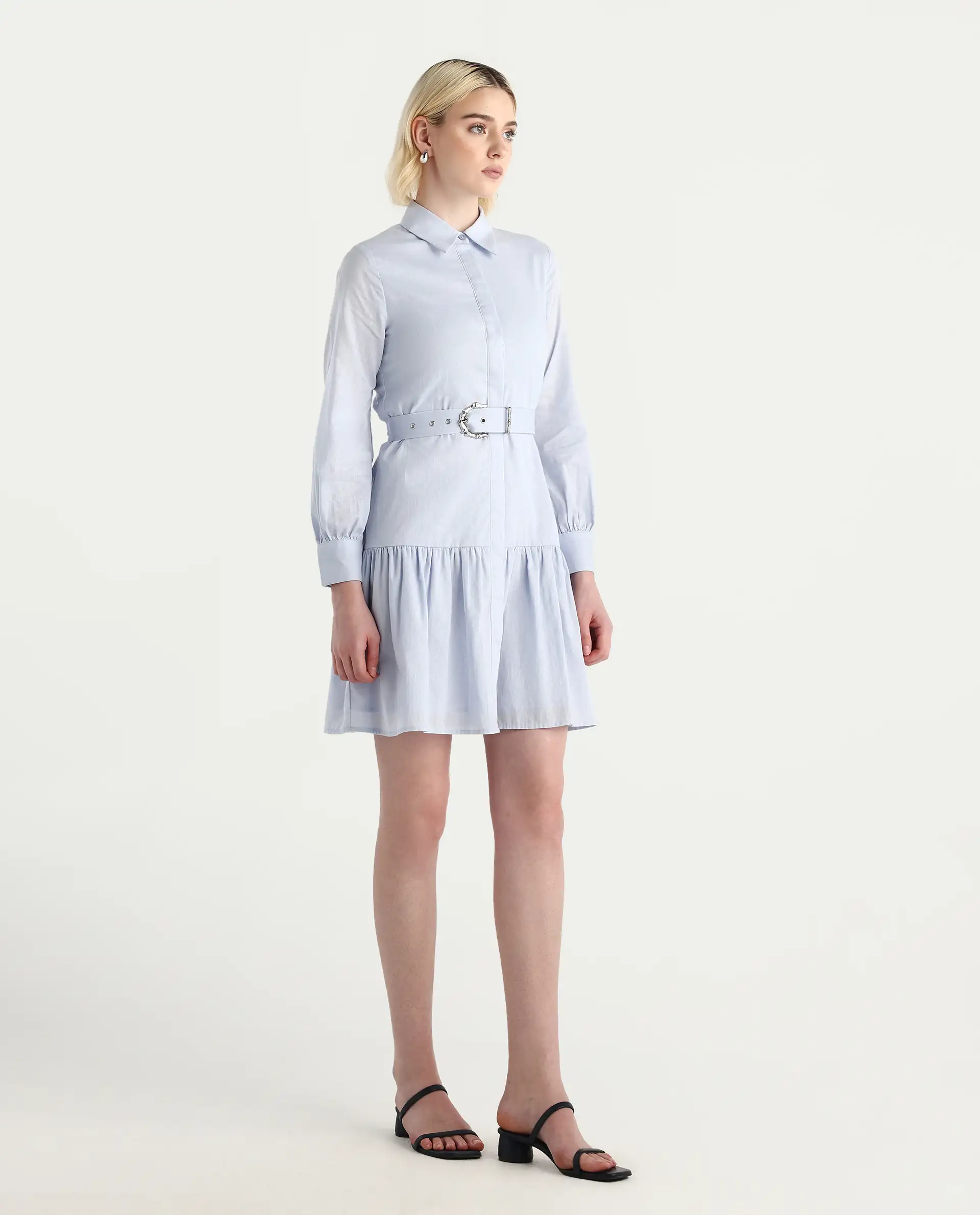 Rareism Women's Jenron Blue Cotton Blend Collared Neck Flared Plain Dress - Image 6