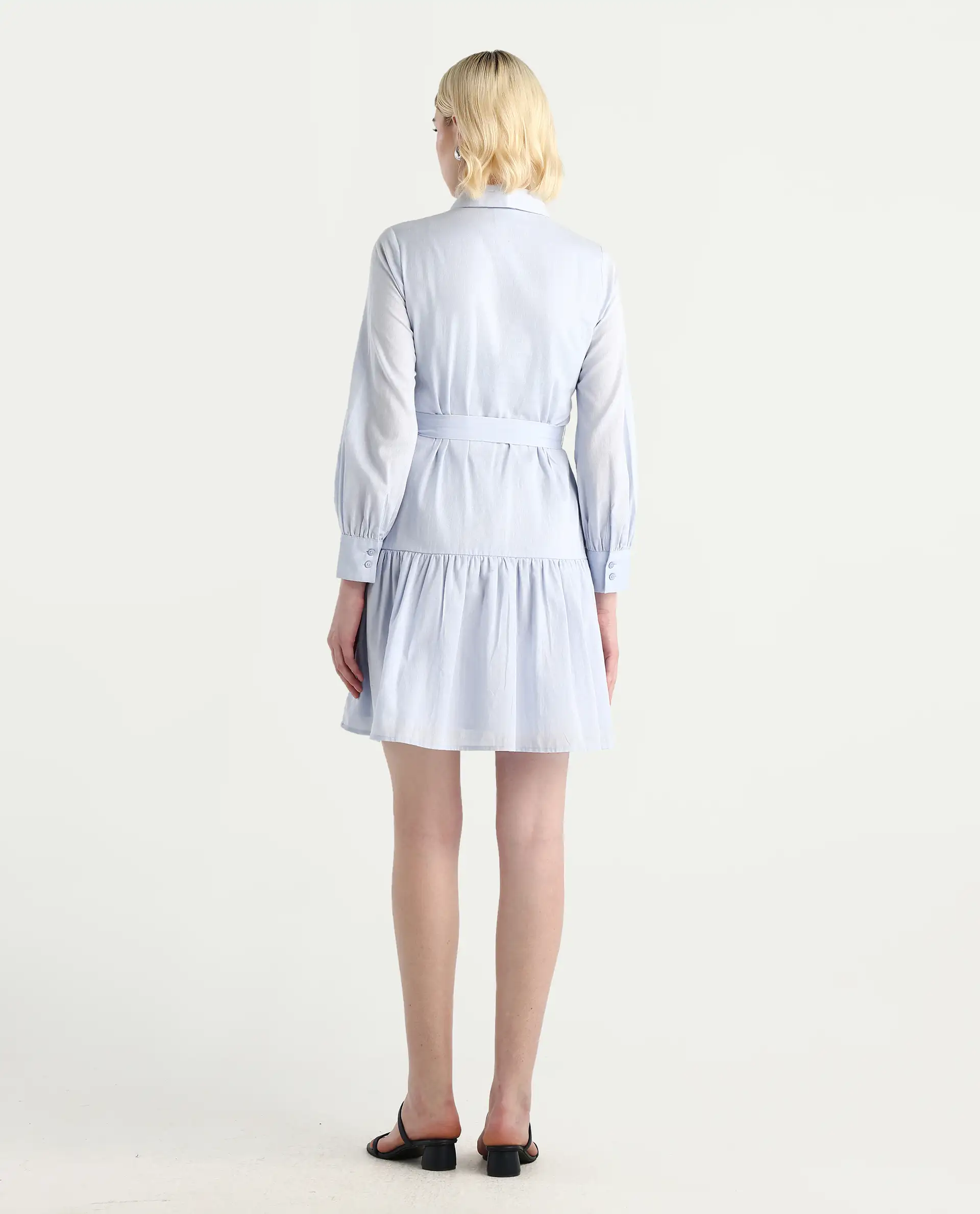 Rareism Women's Jenron Blue Cotton Blend Collared Neck Flared Plain Dress - Image 7