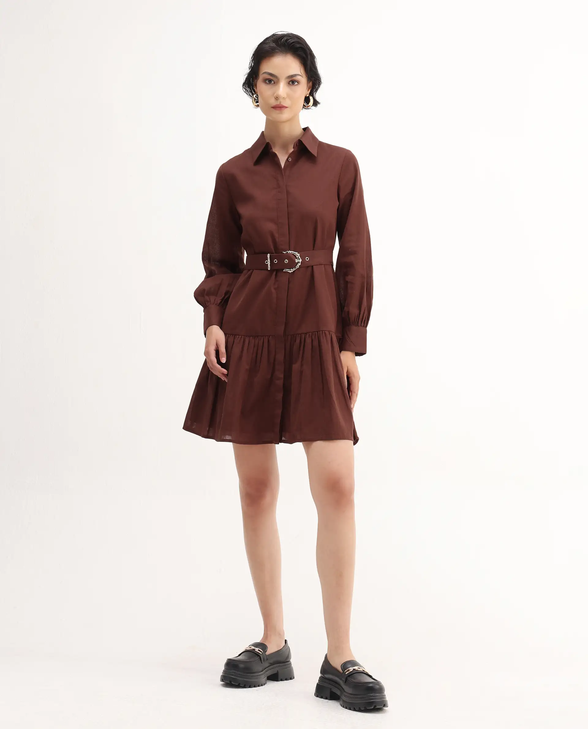 Rareism Women's Jenron Brown Cotton Blend Cuffed Sleeve Collared Neck Flared Fit Plain Dress - Image 2