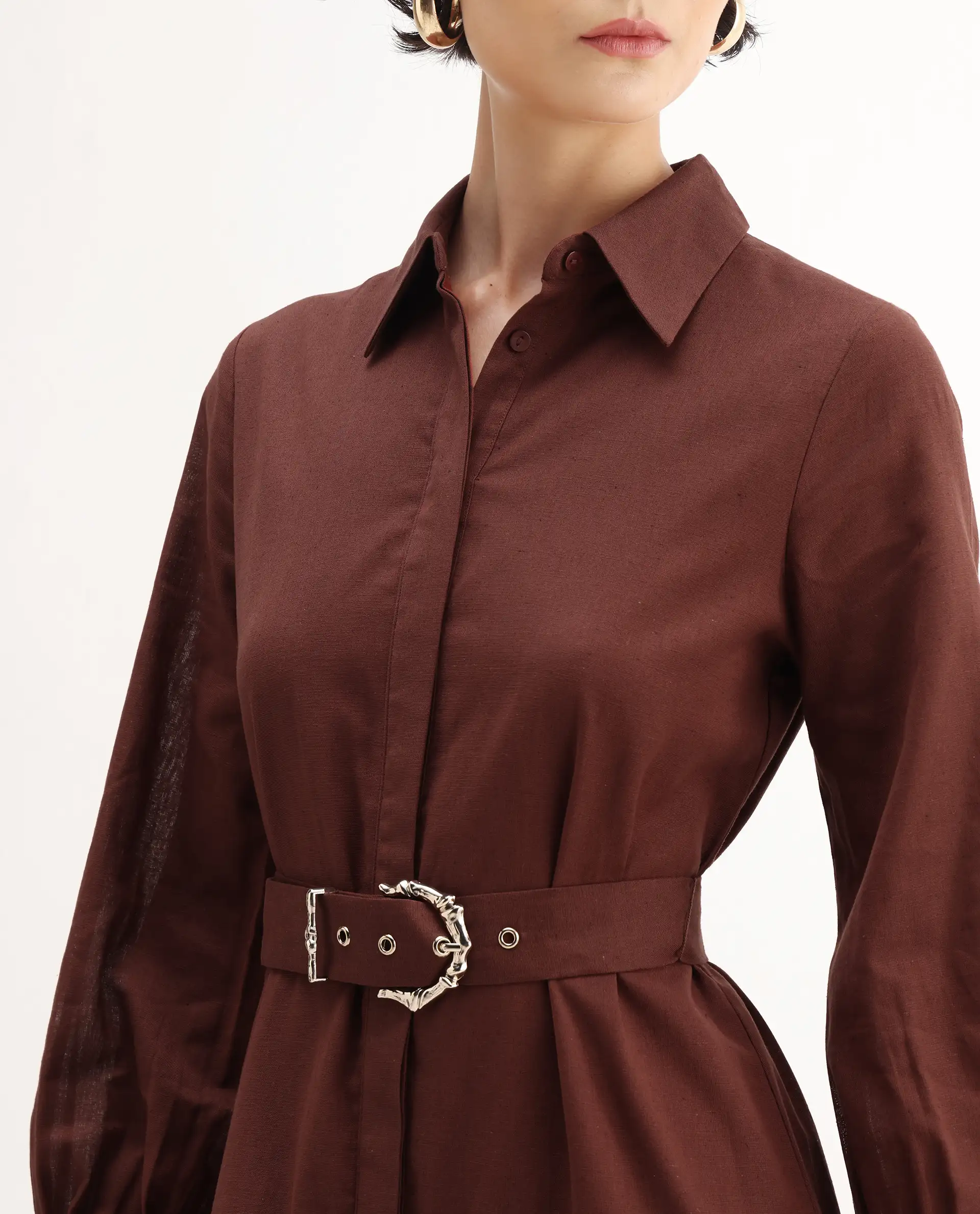 Rareism Women's Jenron Brown Cotton Blend Cuffed Sleeve Collared Neck Flared Fit Plain Dress - Image 4