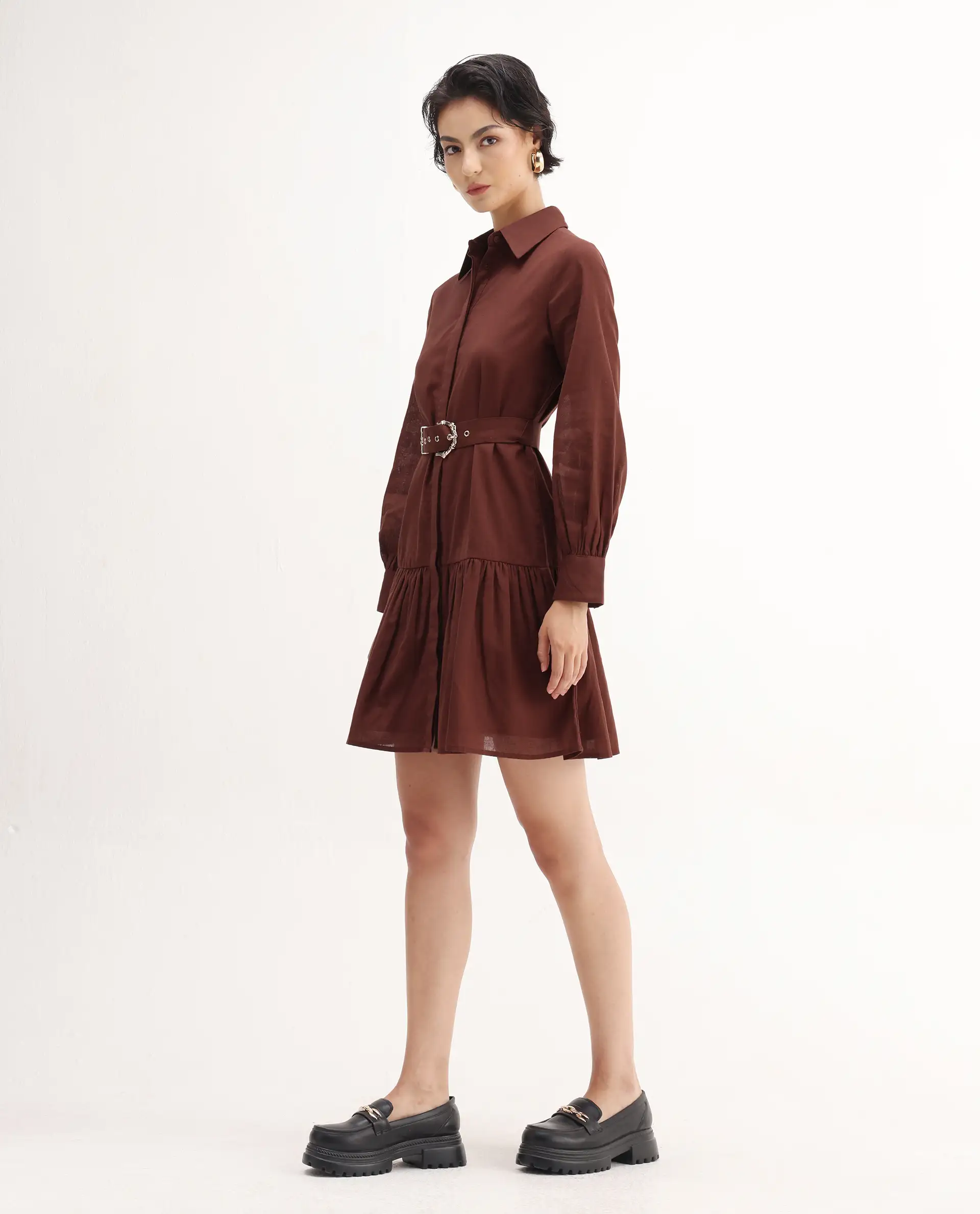 Rareism Women's Jenron Brown Cotton Blend Cuffed Sleeve Collared Neck Flared Fit Plain Dress - Image 5