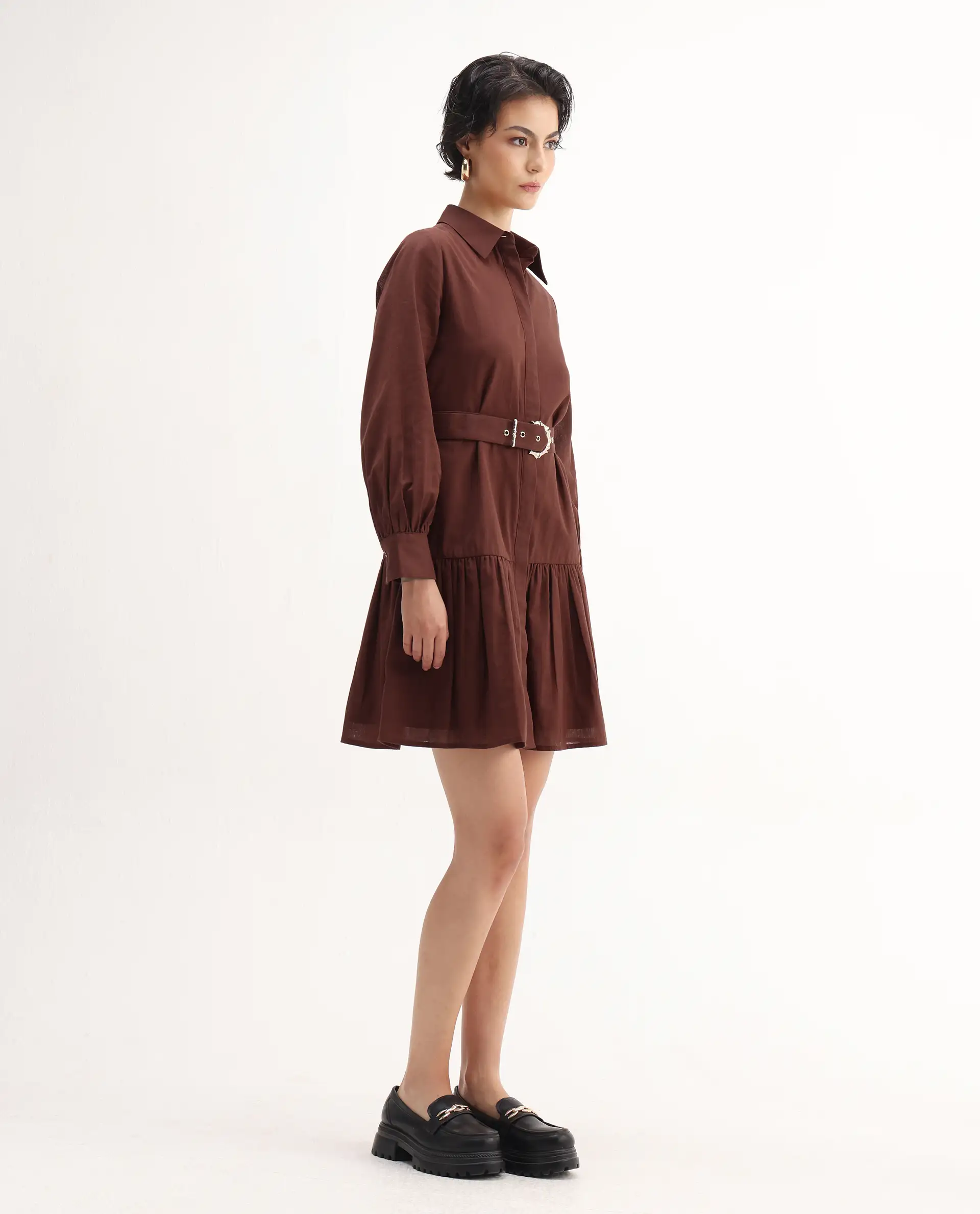 Rareism Women's Jenron Brown Cotton Blend Cuffed Sleeve Collared Neck Flared Fit Plain Dress - Image 6