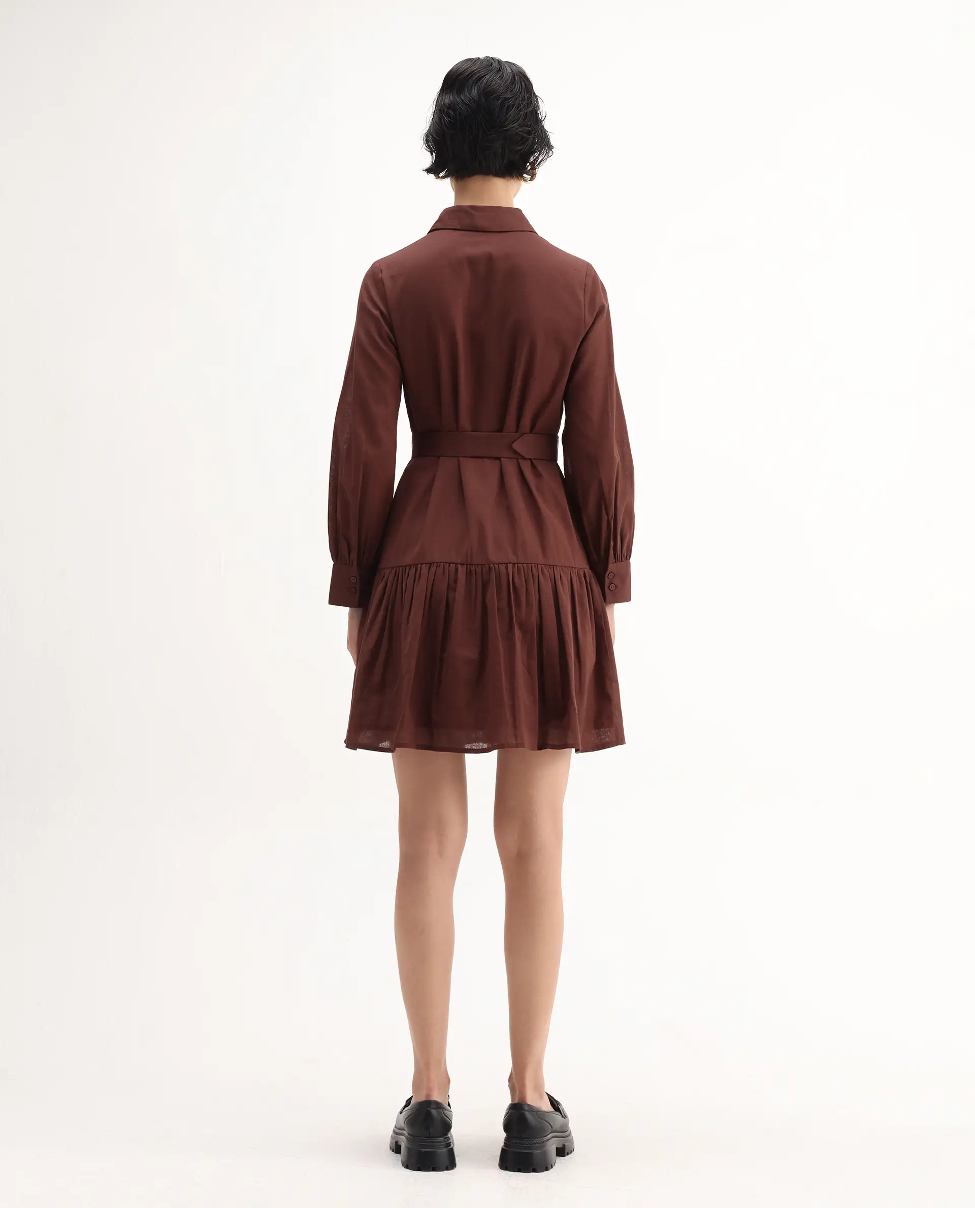 Rareism Women's Jenron Brown Cotton Blend Cuffed Sleeve Collared Neck Flared Fit Plain Dress - Image 7