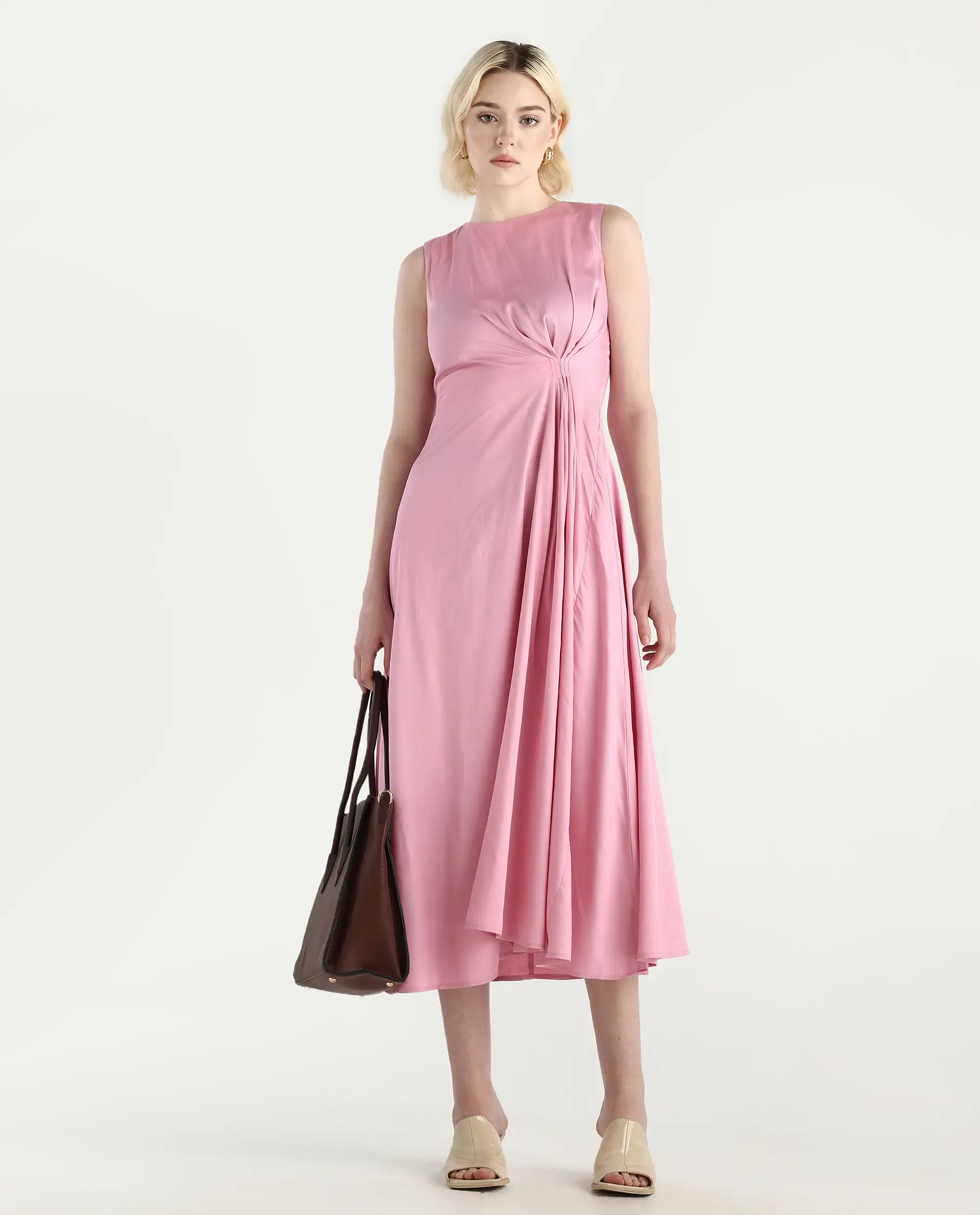 Rareism Women's Jensero Pink Dusky Cotton Blend Sleeveless Round Neck Fit And Flare Fit Plain Dress - Image 2