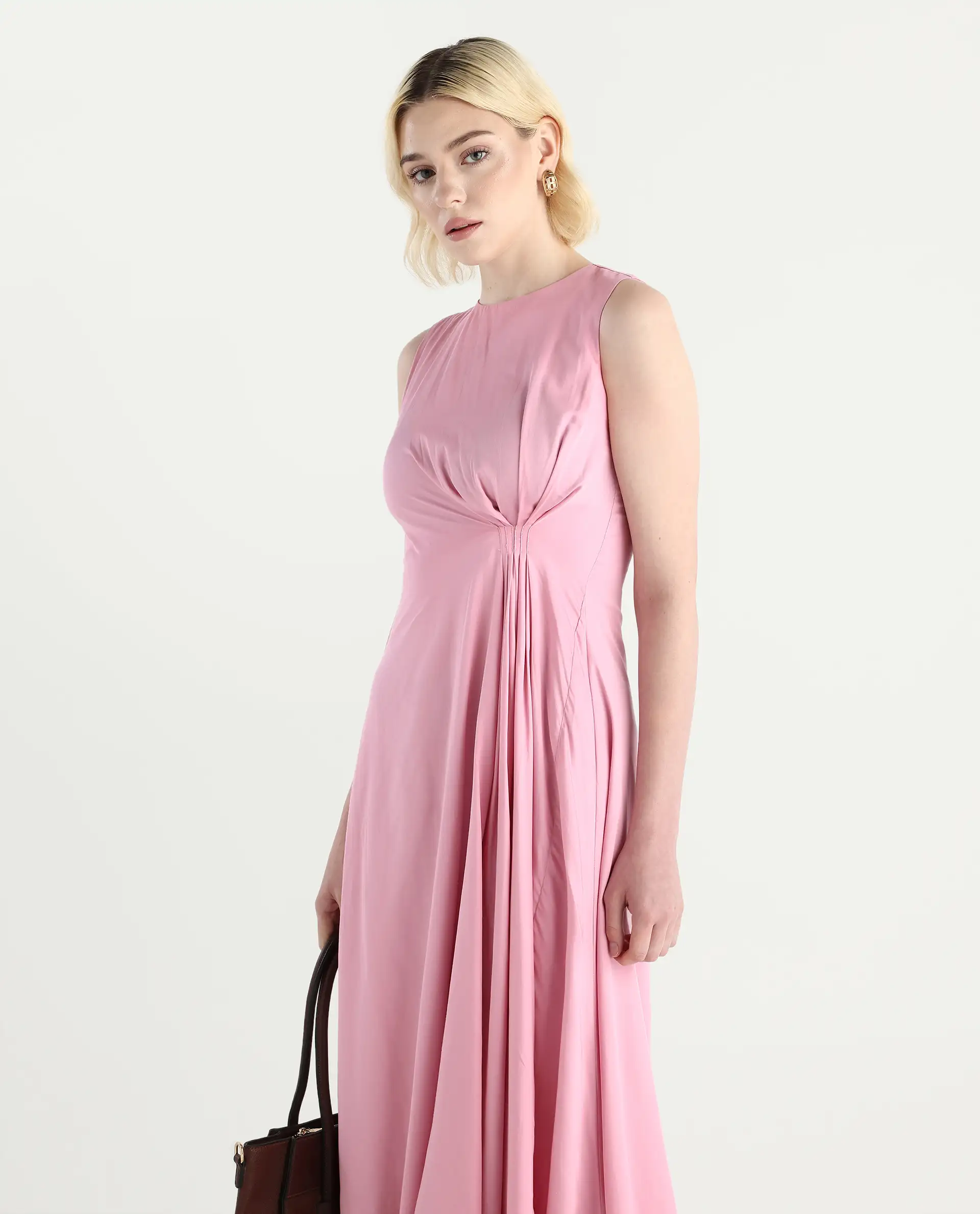 Rareism Women's Jensero Pink Dusky Cotton Blend Sleeveless Round Neck Fit And Flare Fit Plain Dress - Image 4