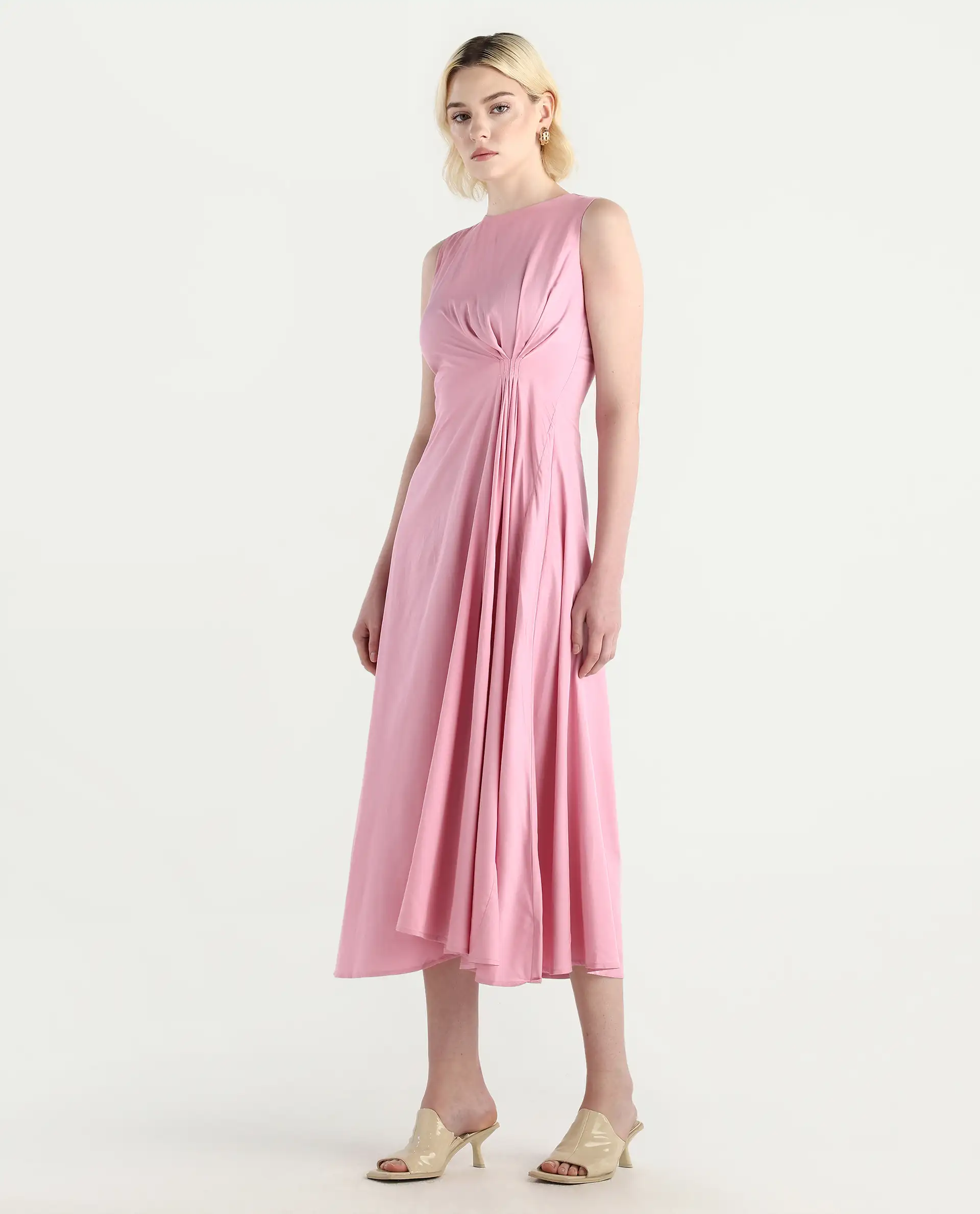 Rareism Women's Jensero Pink Dusky Cotton Blend Sleeveless Round Neck Fit And Flare Fit Plain Dress - Image 5