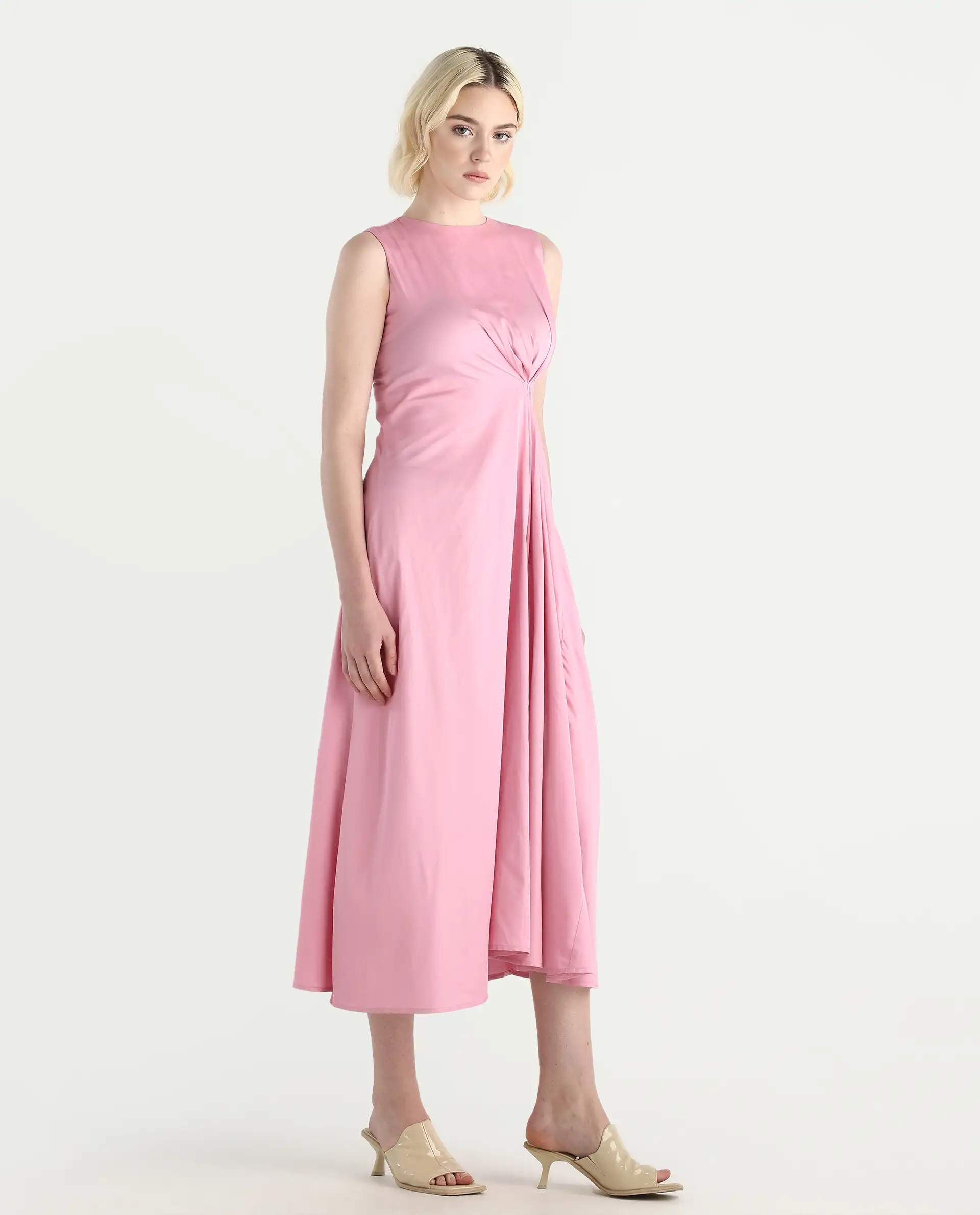 Rareism Women's Jensero Pink Dusky Cotton Blend Sleeveless Round Neck Fit And Flare Fit Plain Dress - Image 6