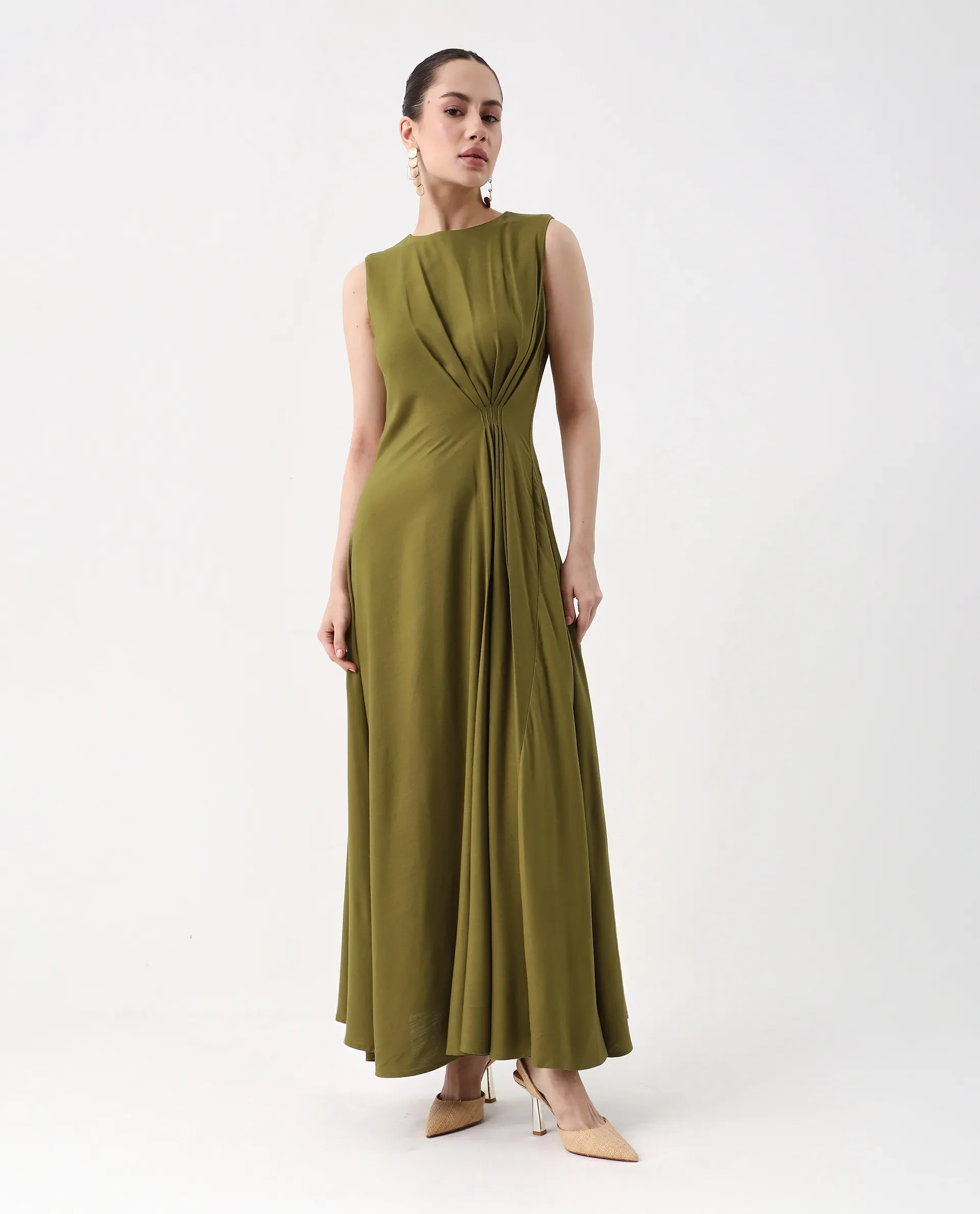 Rareism Women's Jensero Olive Viscose Round Neck Fit And Flare Plain Dress - Image 2