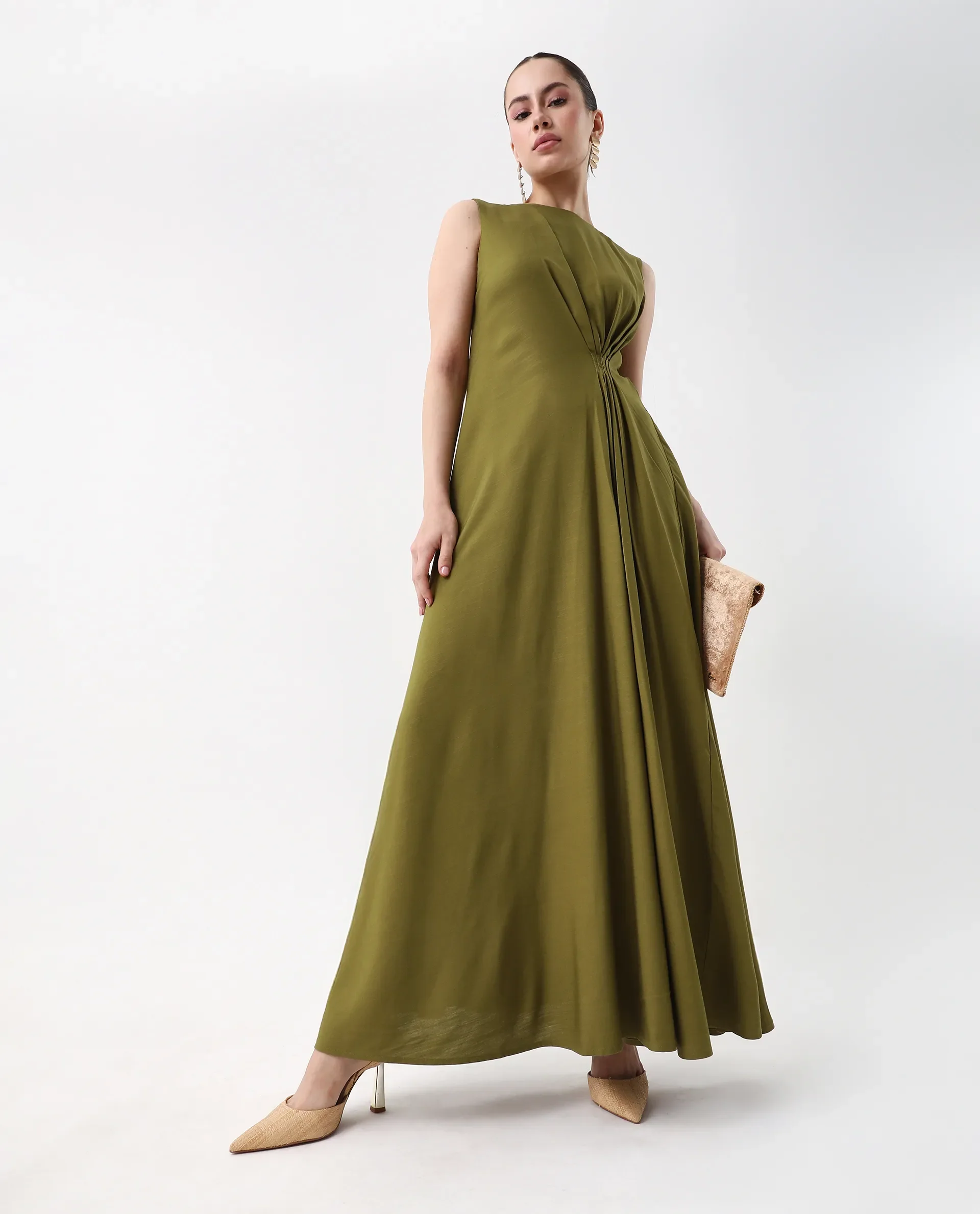 Rareism Women's Jensero Olive Viscose Round Neck Fit And Flare Plain Dress - Image 3