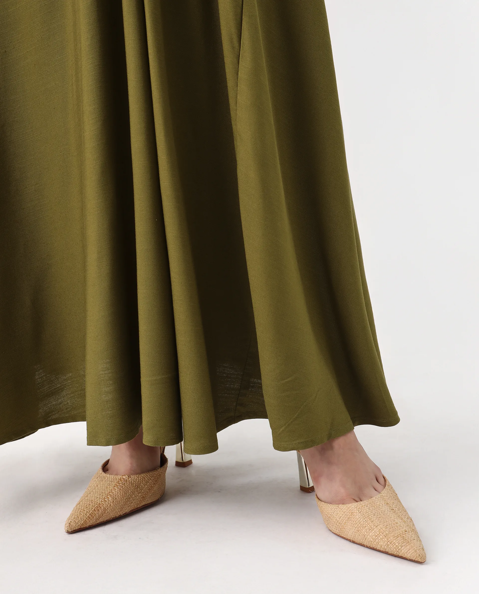 Rareism Women's Jensero Olive Viscose Round Neck Fit And Flare Plain Dress - Image 6