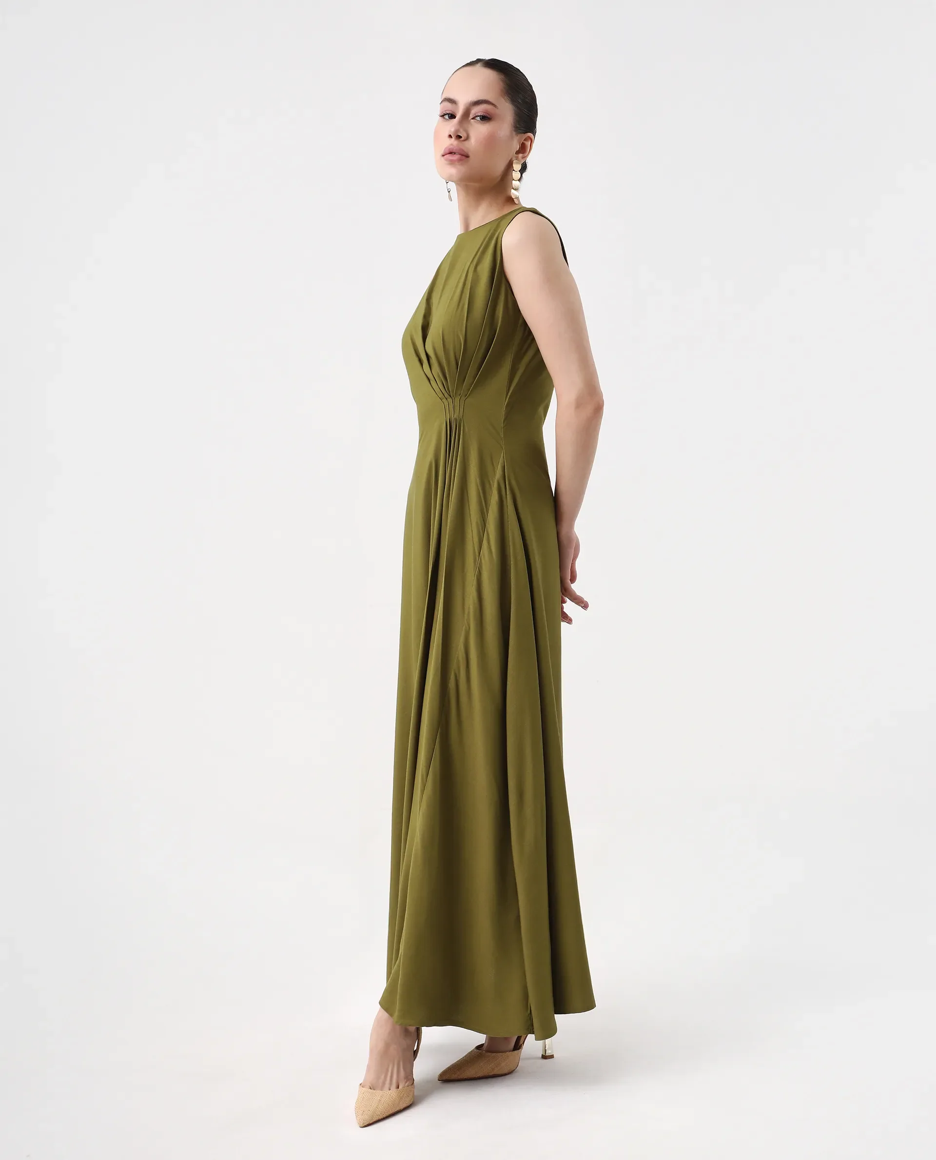 Rareism Women's Jensero Olive Viscose Round Neck Fit And Flare Plain Dress - Image 7