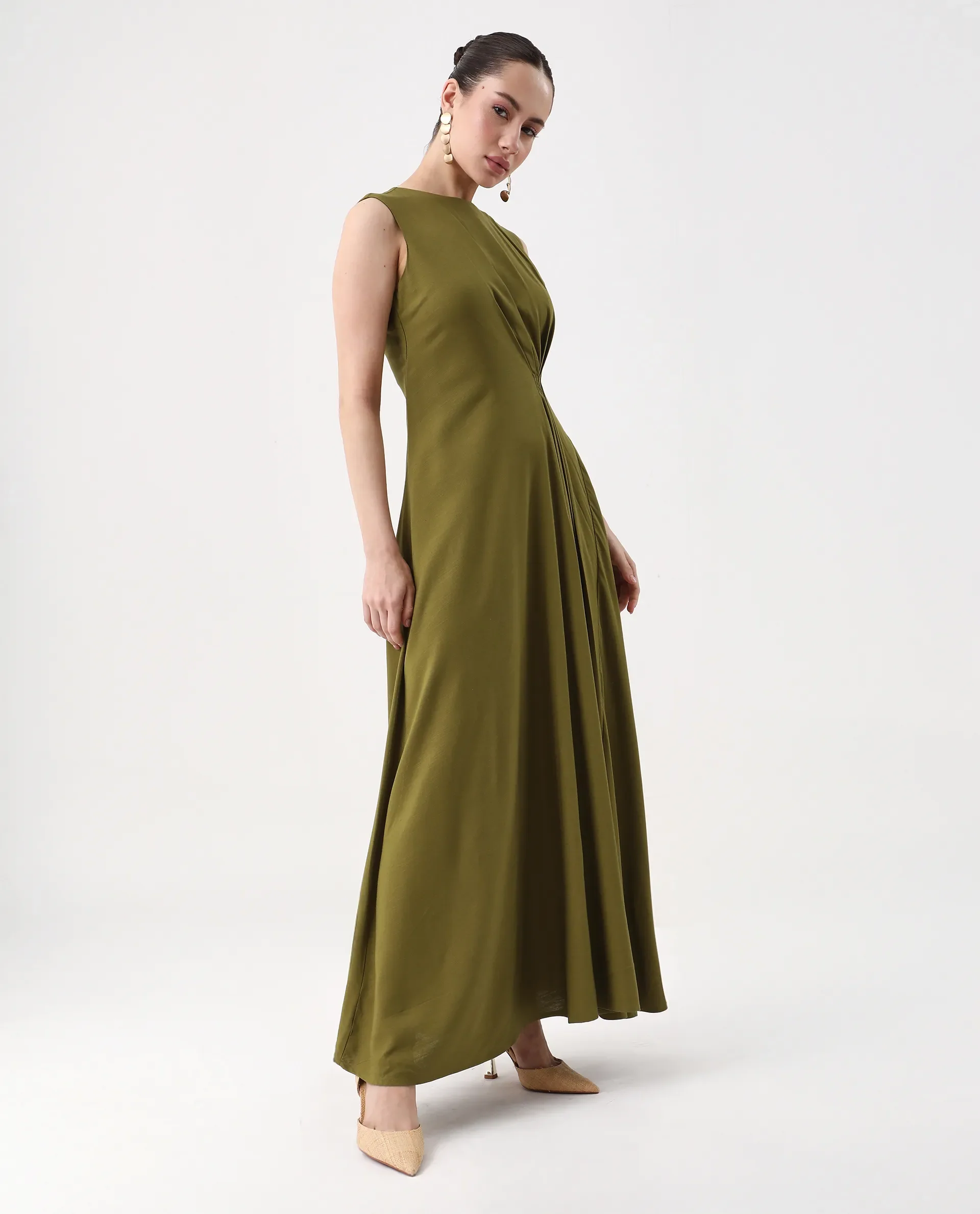 Rareism Women's Jensero Olive Viscose Round Neck Fit And Flare Plain Dress - Image 8