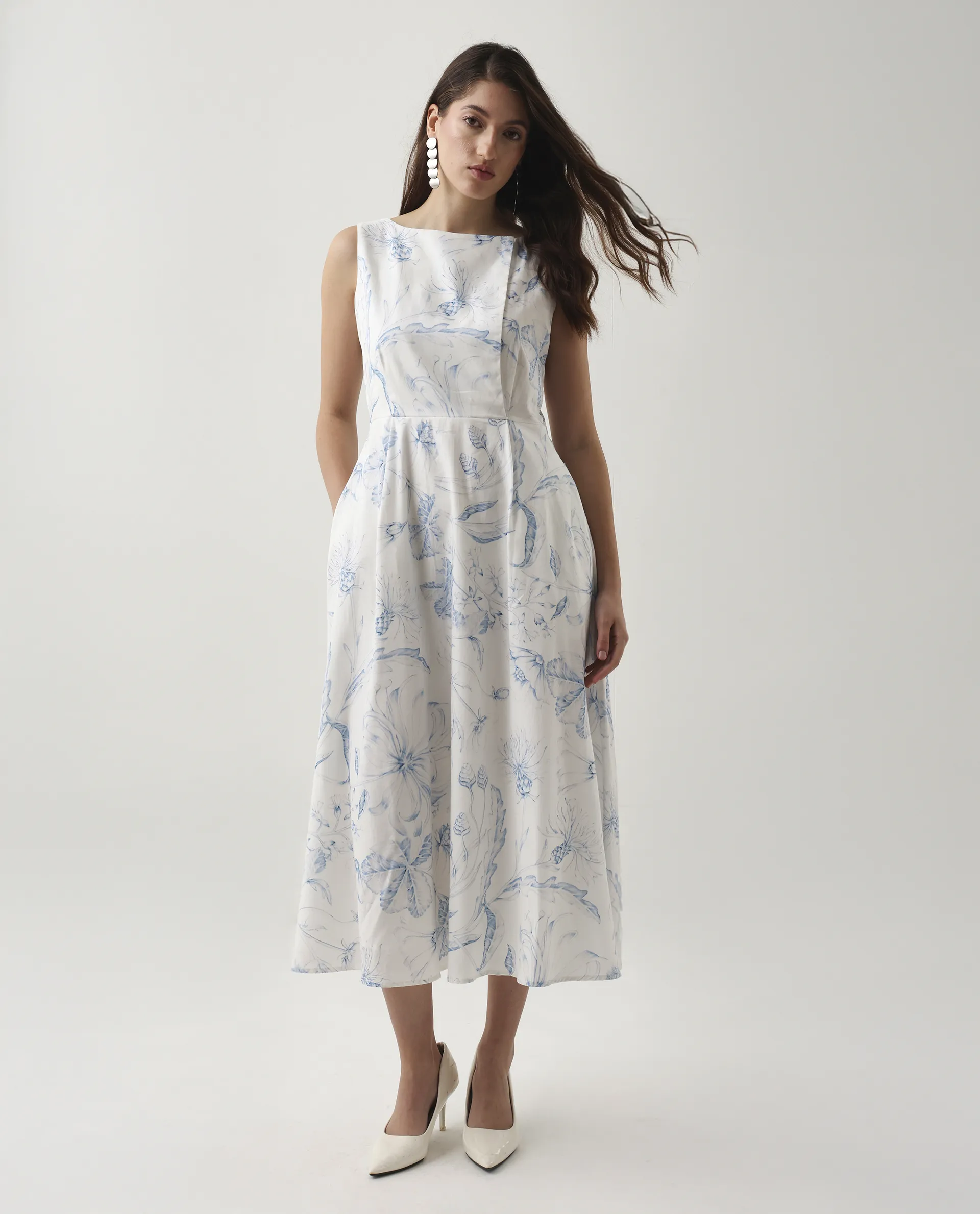Rareism Women's Jensit Off White Cotton Boat Neck Fit And Flare Printed Midi Dress - Image 2