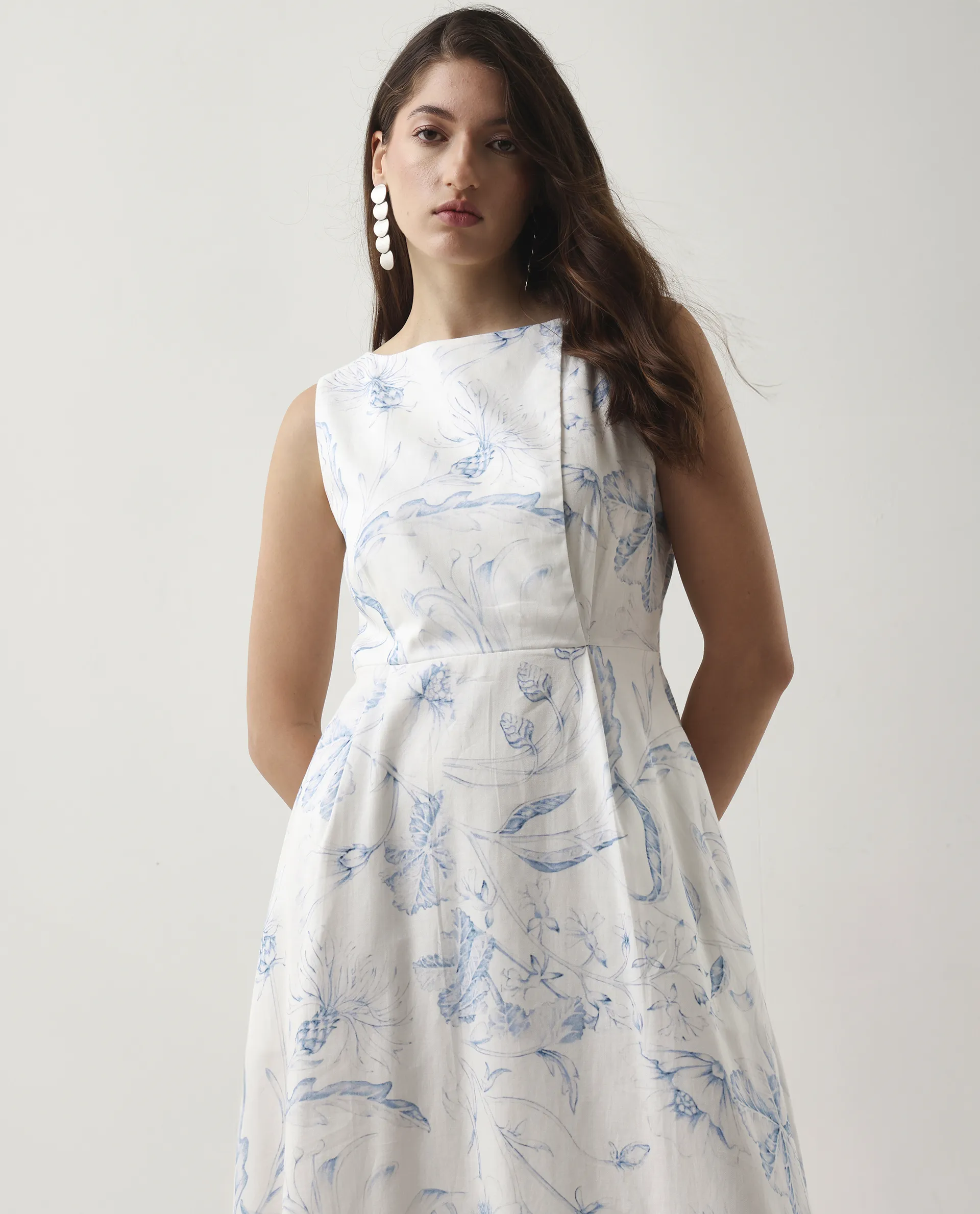 Rareism Women's Jensit Off White Cotton Boat Neck Fit And Flare Printed Midi Dress - Image 3