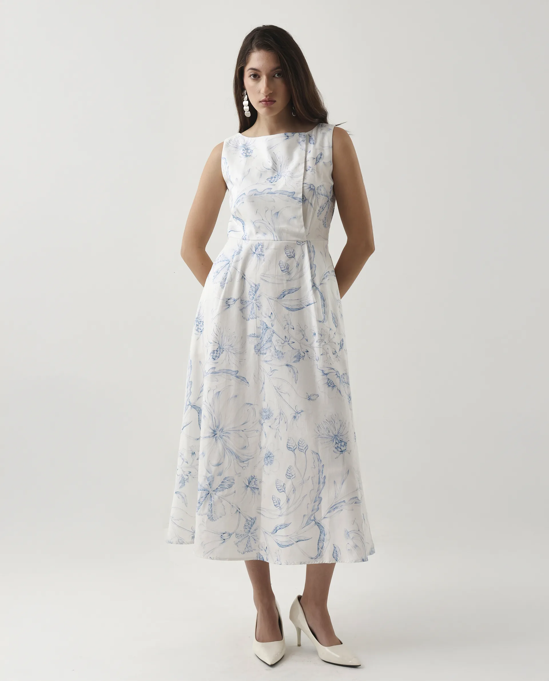 Rareism Women's Jensit Off White Cotton Boat Neck Fit And Flare Printed Midi Dress - Image 5