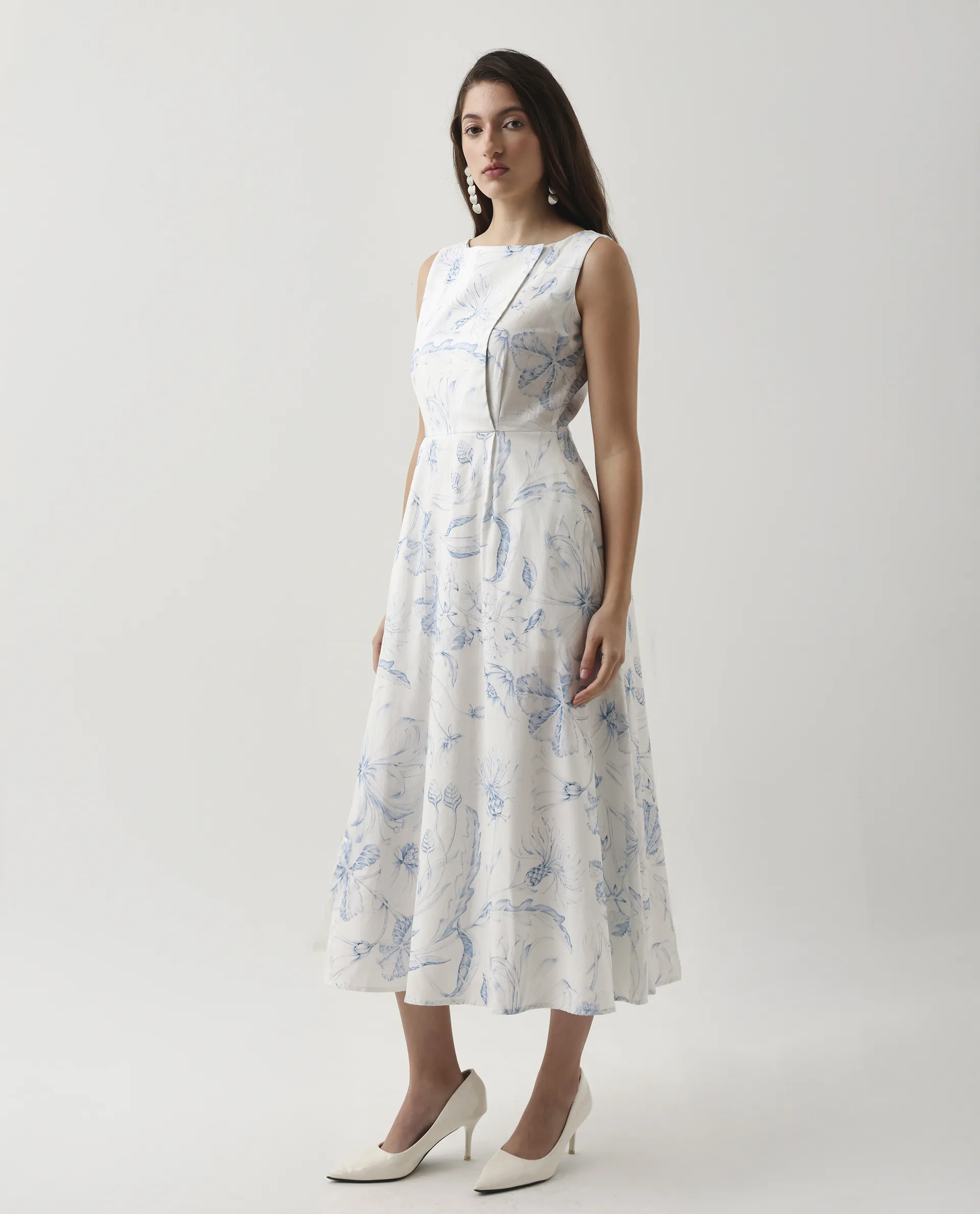 Rareism Women's Jensit Off White Cotton Boat Neck Fit And Flare Printed Midi Dress - Image 6