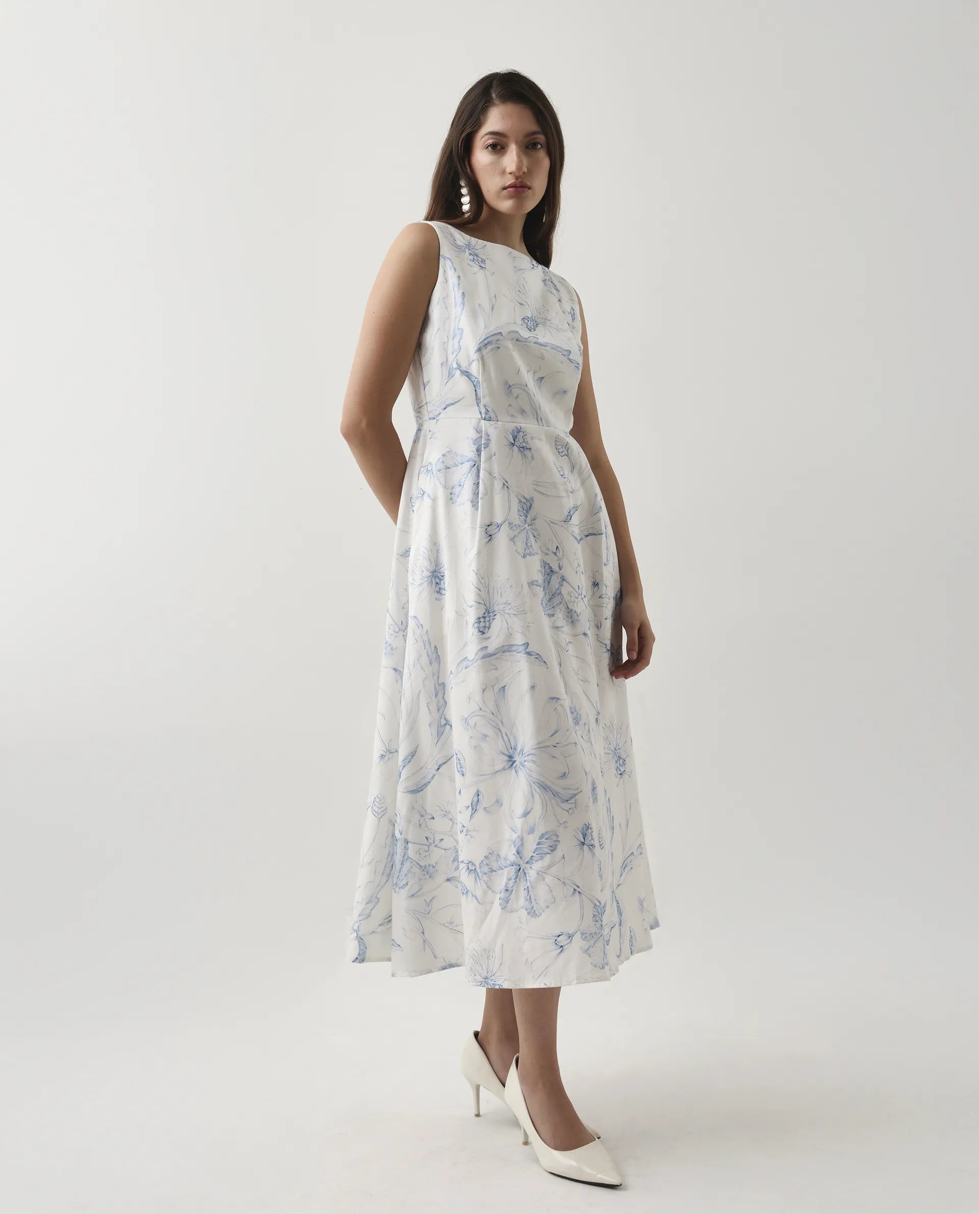 Rareism Women's Jensit Off White Cotton Boat Neck Fit And Flare Printed Midi Dress - Image 7