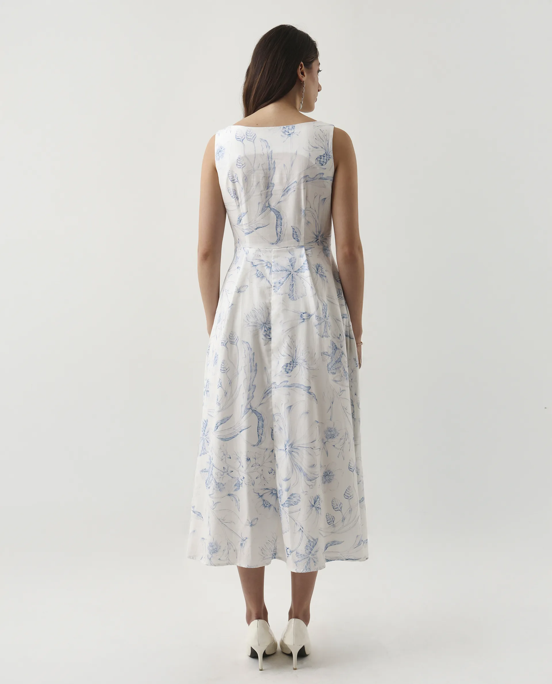 Rareism Women's Jensit Off White Cotton Boat Neck Fit And Flare Printed Midi Dress - Image 8