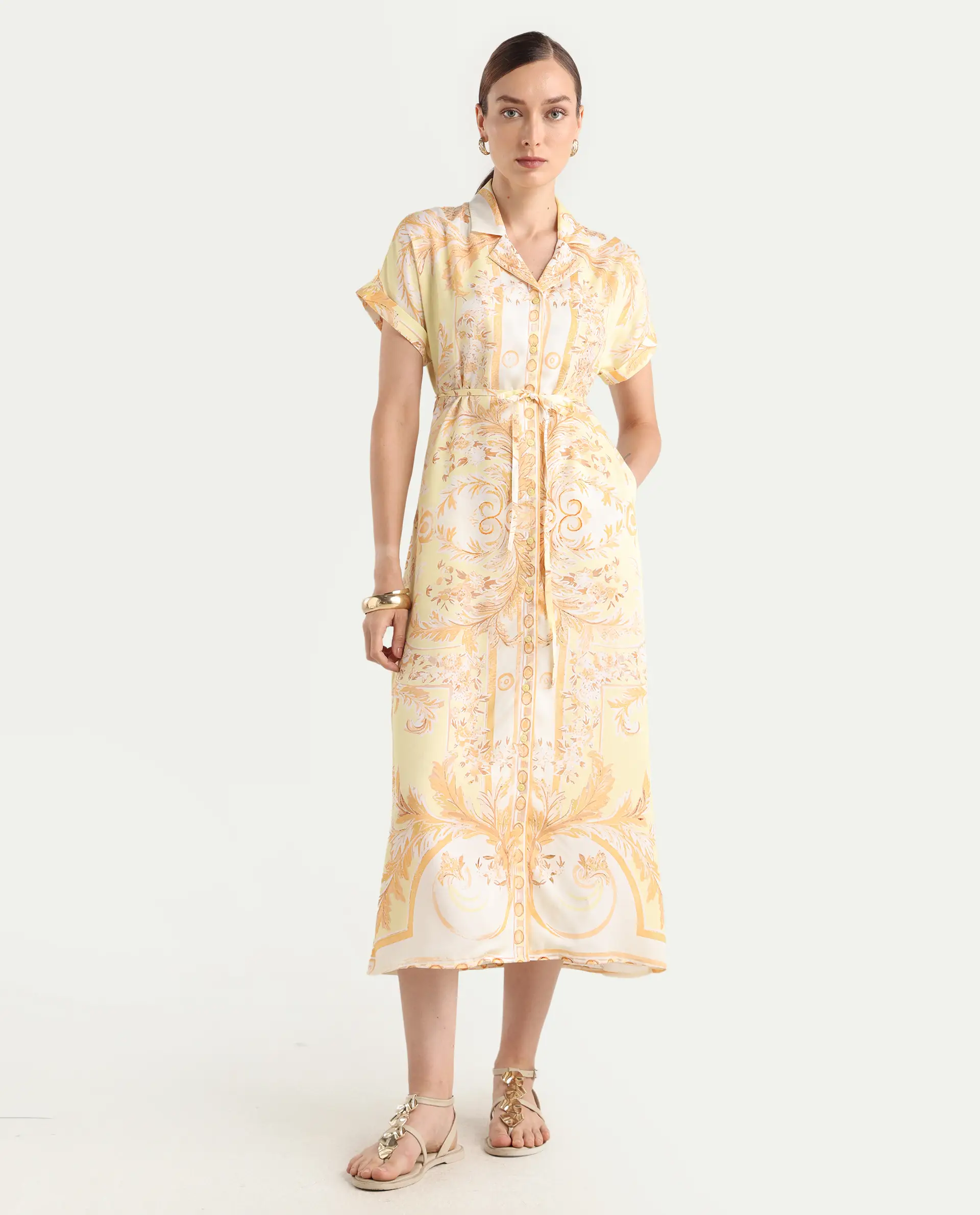 Rareism Women Jenson Yellow Lapel Neck Button Closure A-Line Maxi Printed Dress