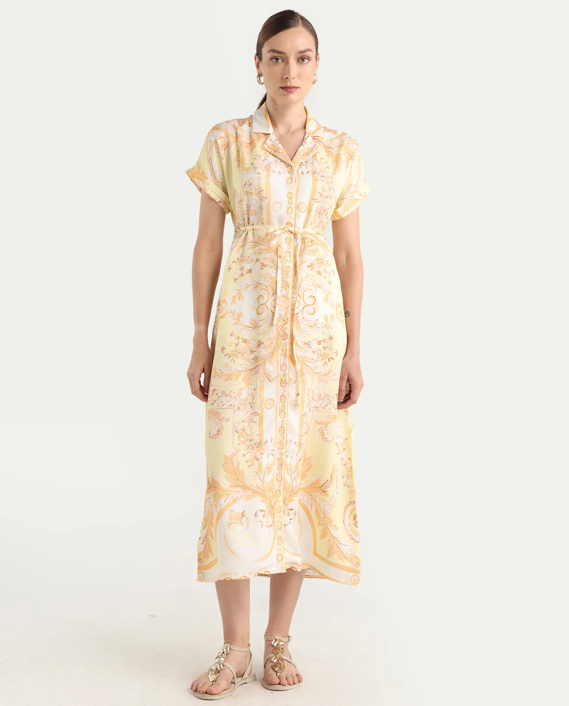 Rareism Women Jenson Yellow Lapel Neck Button Closure A-Line Maxi Printed Dress - Image 2