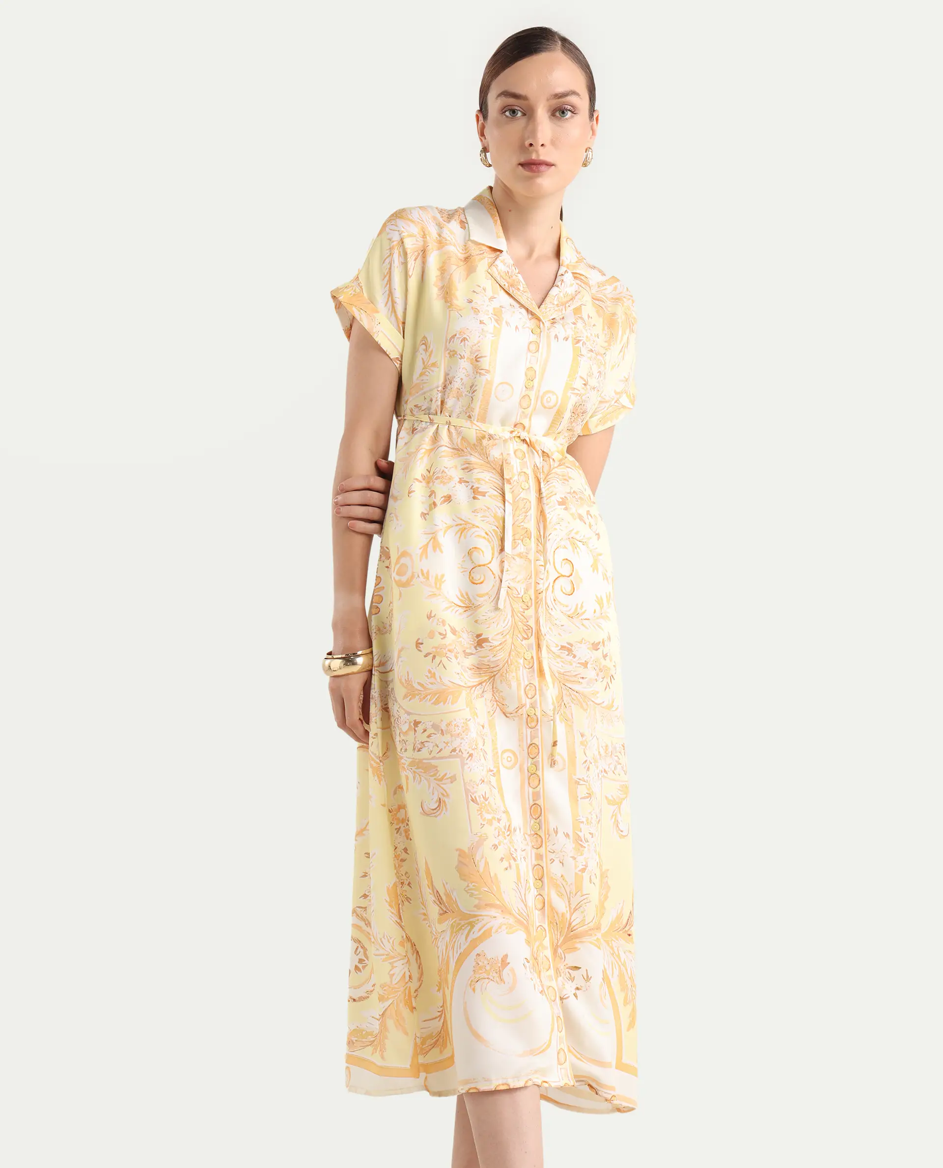 Rareism Women Jenson Yellow Lapel Neck Button Closure A-Line Maxi Printed Dress - Image 3