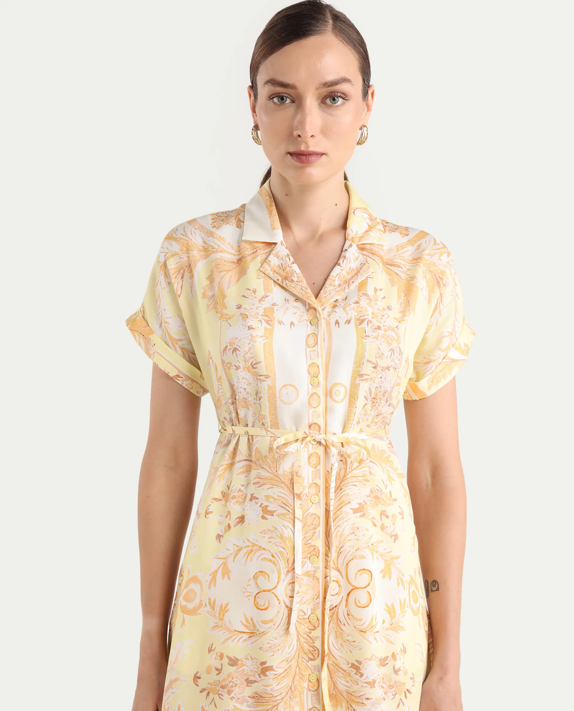 Rareism Women Jenson Yellow Lapel Neck Button Closure A-Line Maxi Printed Dress - Image 4