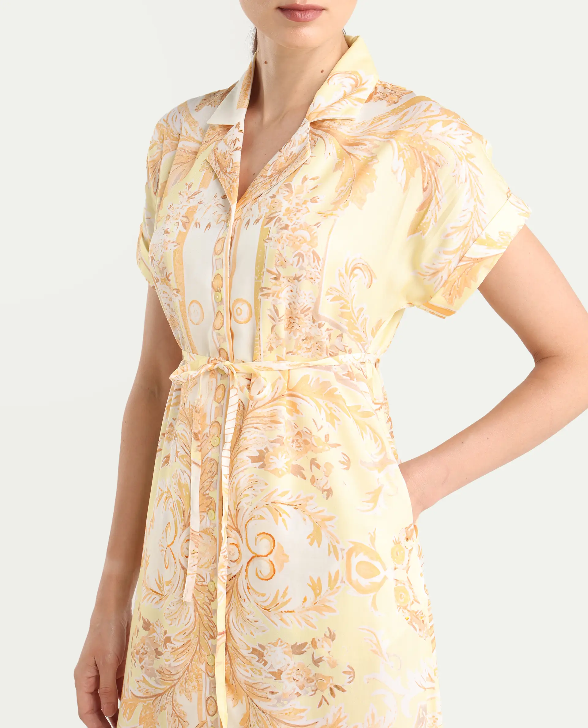 Rareism Women Jenson Yellow Lapel Neck Button Closure A-Line Maxi Printed Dress - Image 5