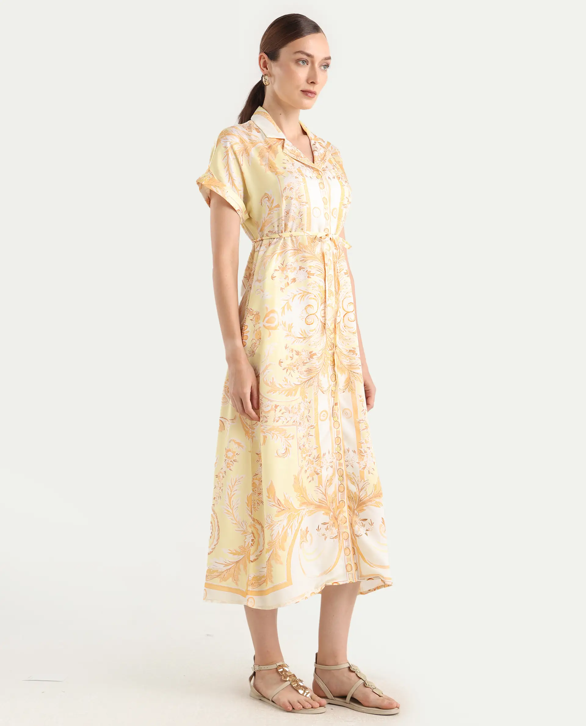 Rareism Women Jenson Yellow Lapel Neck Button Closure A-Line Maxi Printed Dress - Image 6