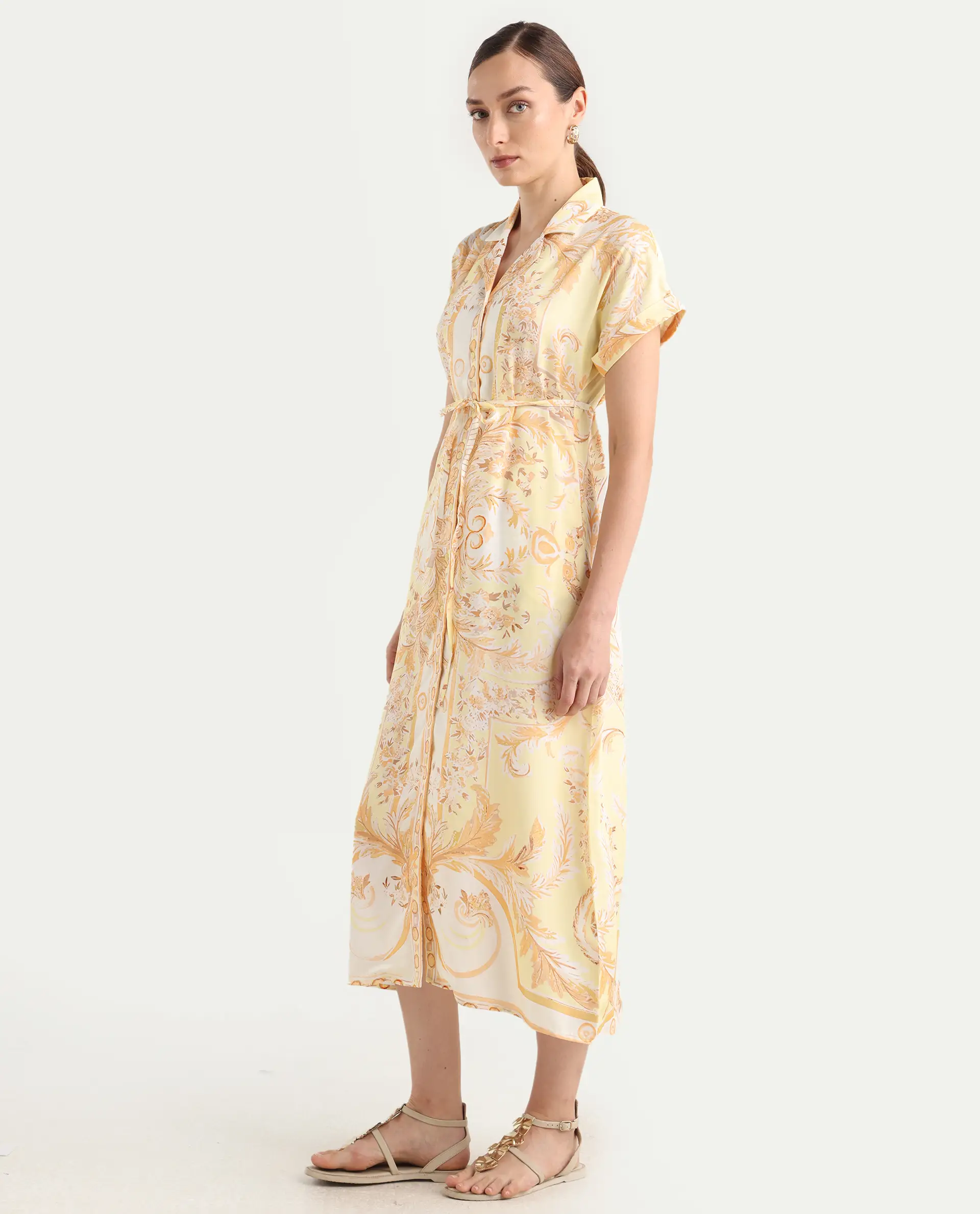 Rareism Women Jenson Yellow Lapel Neck Button Closure A-Line Maxi Printed Dress - Image 7
