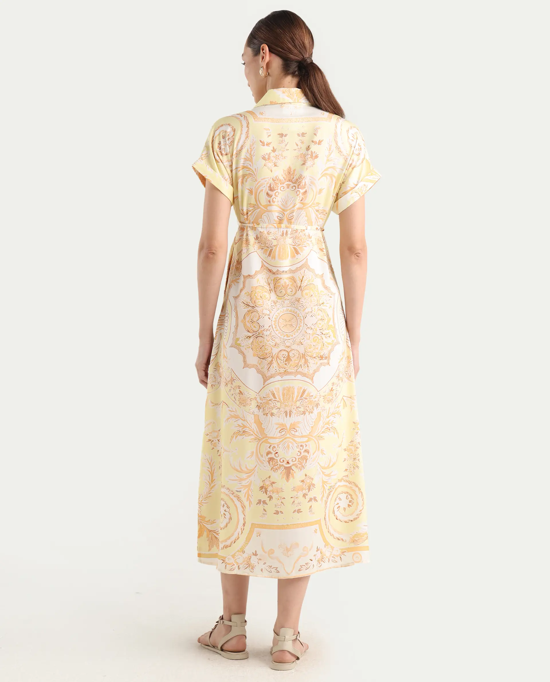 Rareism Women Jenson Yellow Lapel Neck Button Closure A-Line Maxi Printed Dress - Image 8