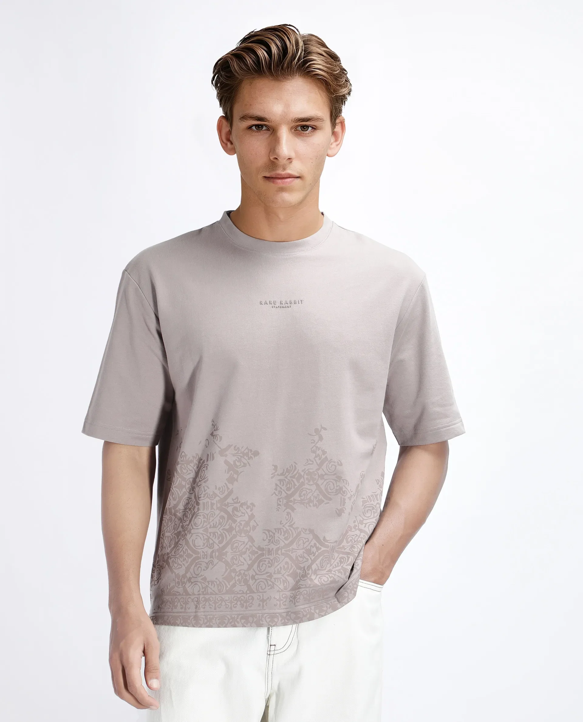 Rare Rabbit Men's Jent Grey Cotton Graphic Print Oversized Fit Half Sleeve Crew Neck T-Shirt