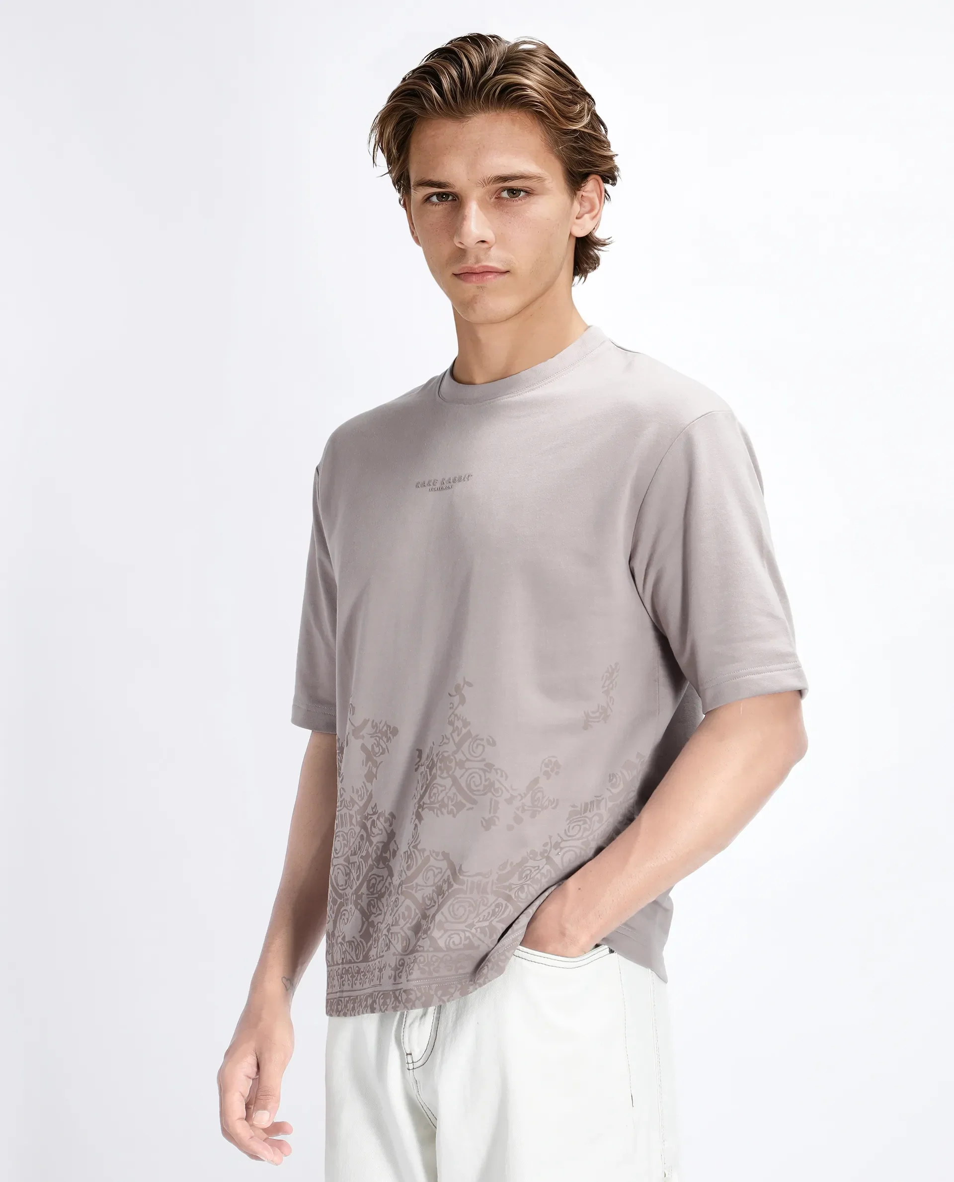 Rare Rabbit Men's Jent Grey Cotton Graphic Print Oversized Fit Half Sleeve Crew Neck T-Shirt - Image 2