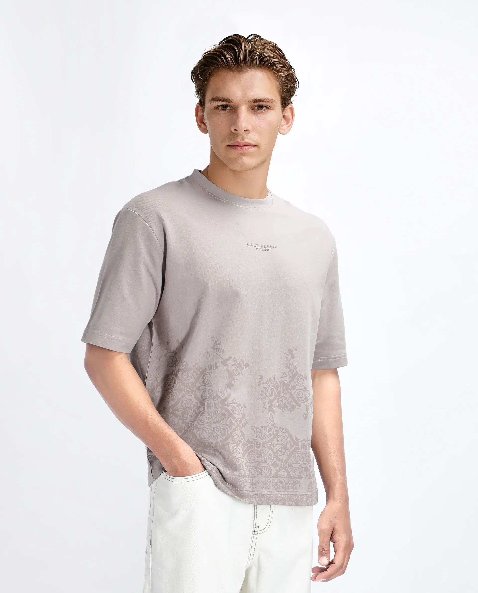 Rare Rabbit Men's Jent Grey Cotton Graphic Print Oversized Fit Half Sleeve Crew Neck T-Shirt - Image 3