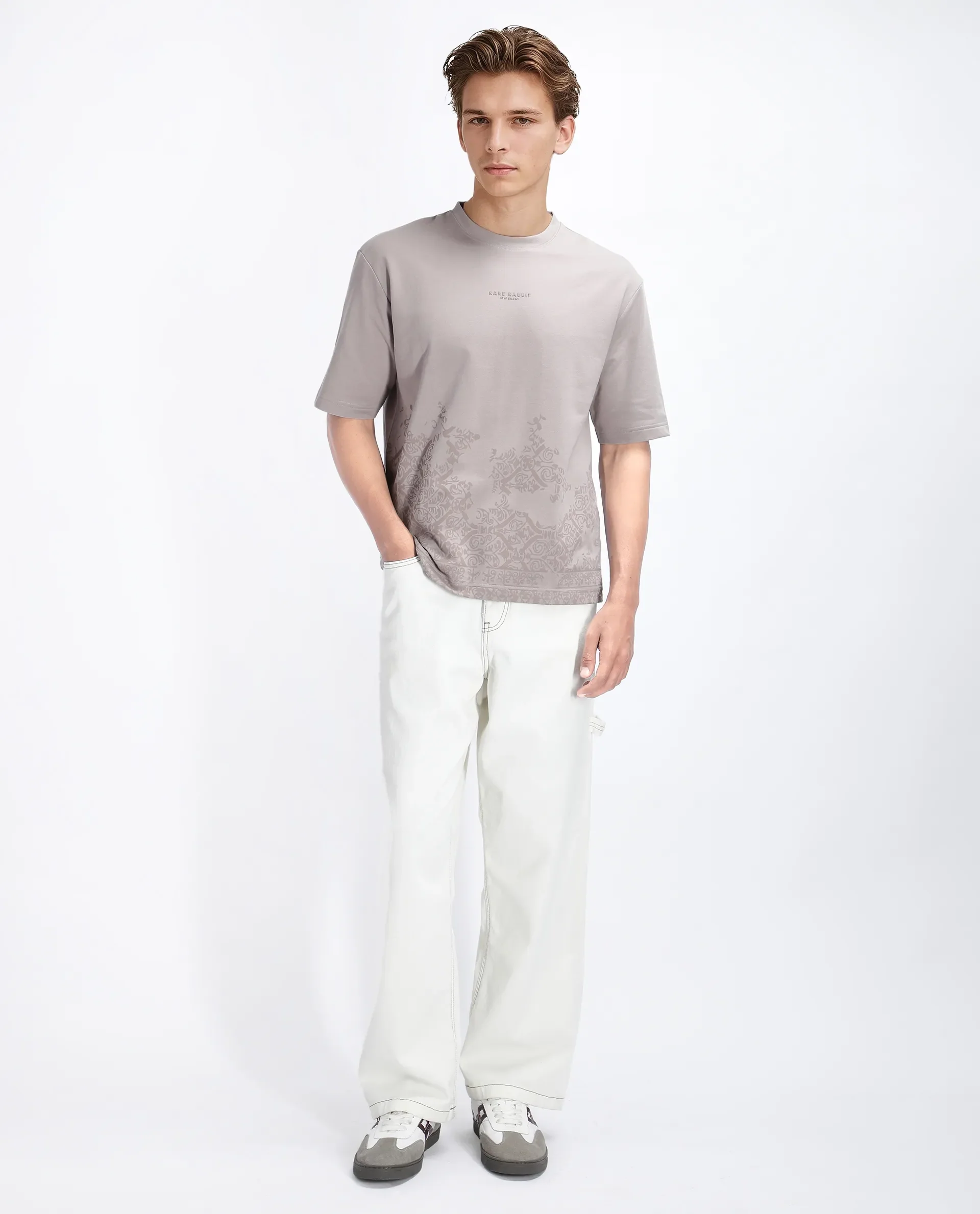 Rare Rabbit Men's Jent Grey Cotton Graphic Print Oversized Fit Half Sleeve Crew Neck T-Shirt - Image 4