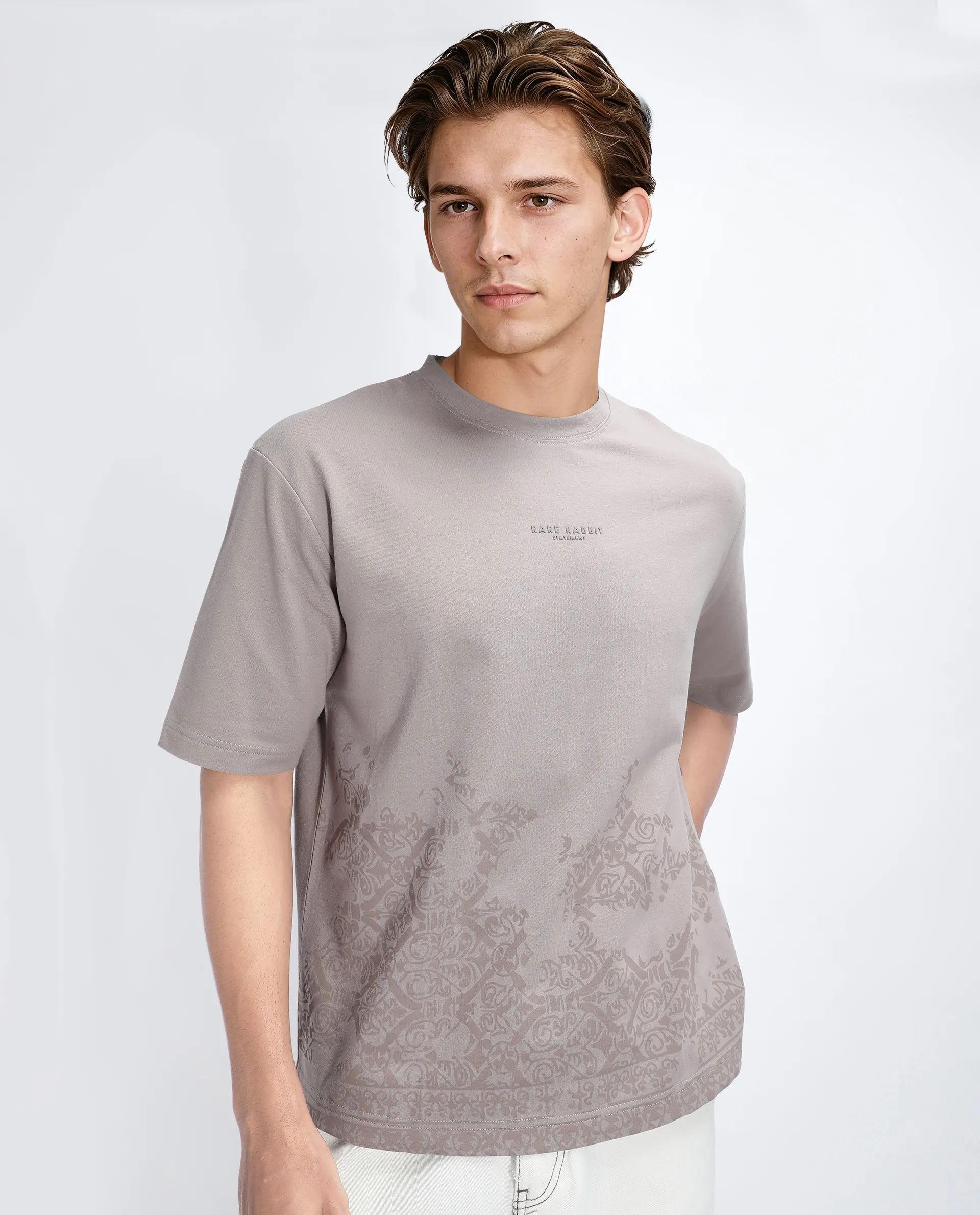 Rare Rabbit Men's Jent Grey Cotton Graphic Print Oversized Fit Half Sleeve Crew Neck T-Shirt - Image 8